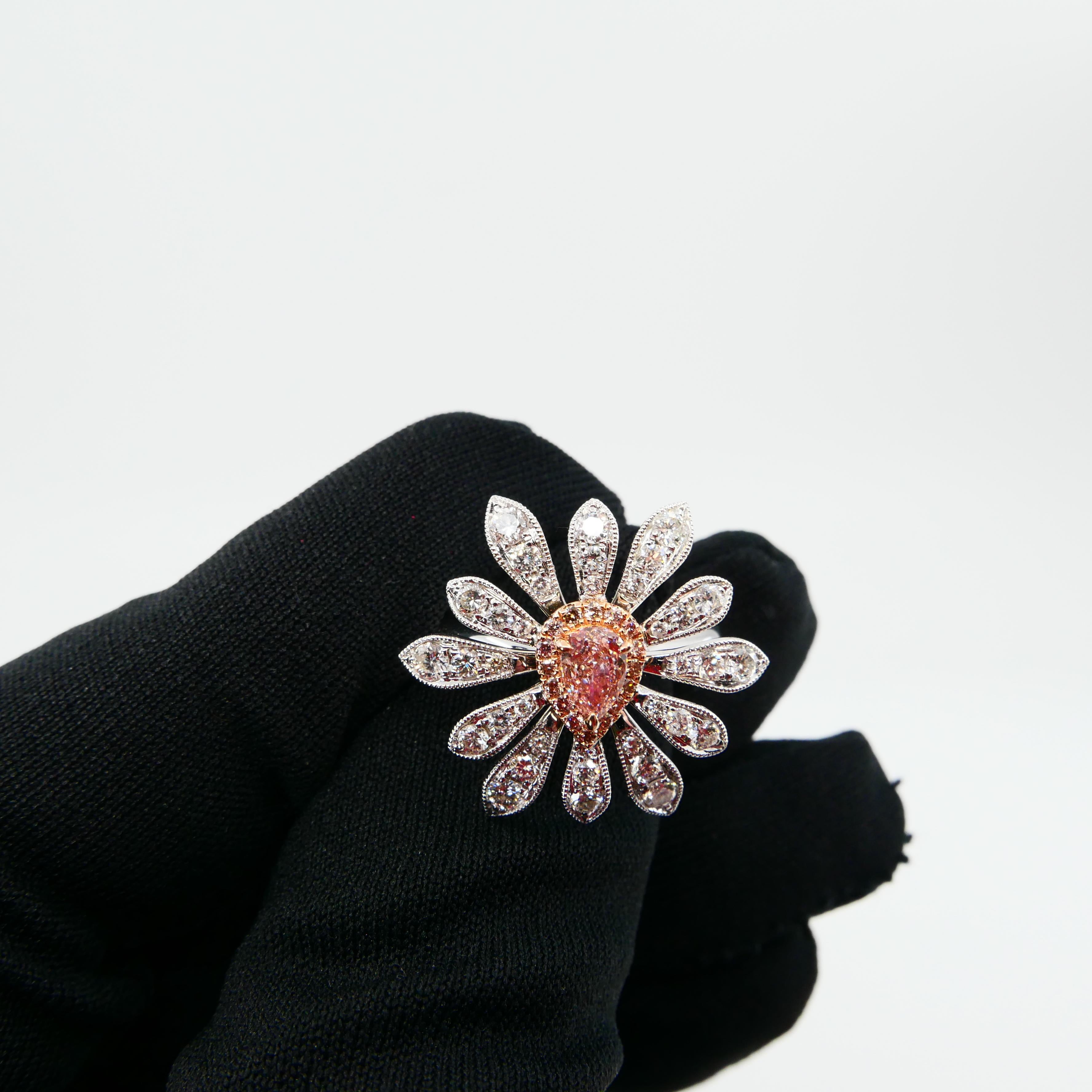 GIA Certified 0.42 Carat Fancy Orangy Pink Diamond Flower Cocktail Ring For Sale 6