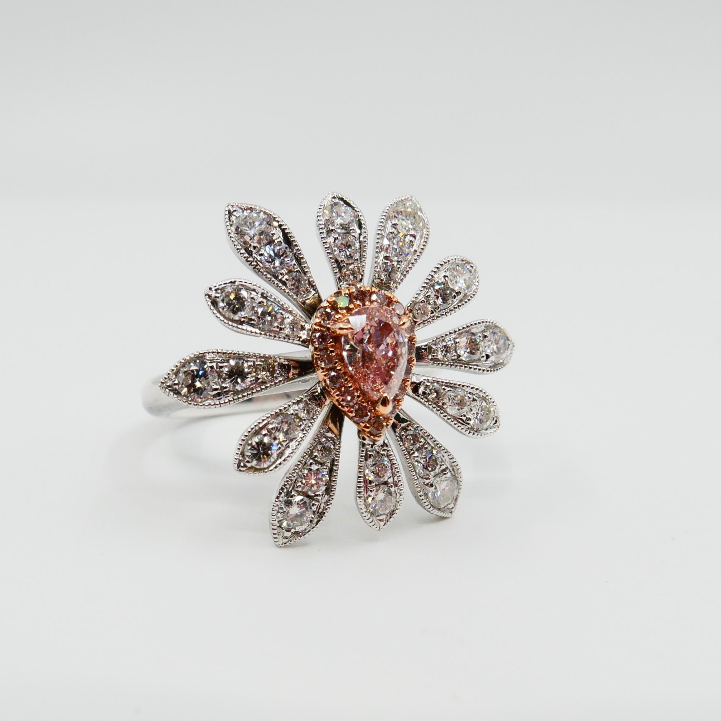 GIA Certified 0.42 Carat Fancy Orangy Pink Diamond Flower Cocktail Ring For Sale 8