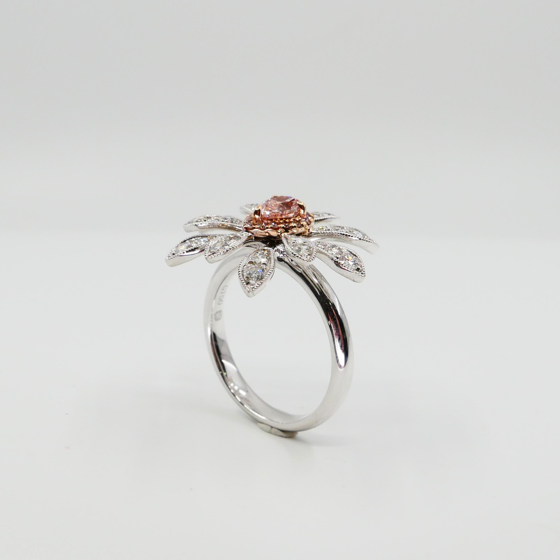 Contemporary GIA Certified 0.42 Carat Fancy Orangy Pink Diamond Flower Cocktail Ring For Sale