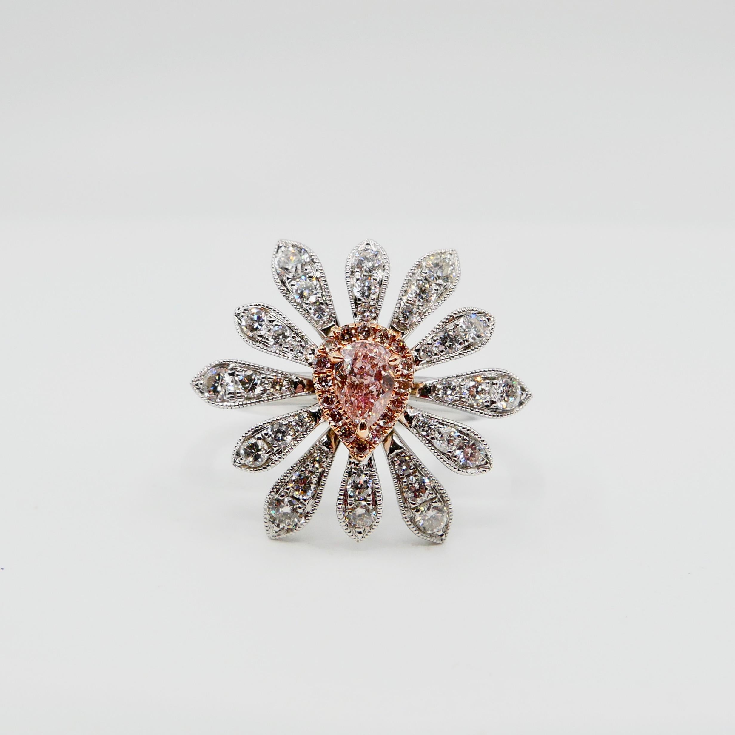 GIA Certified 0.42 Carat Fancy Orangy Pink Diamond Flower Cocktail Ring In New Condition For Sale In Hong Kong, HK