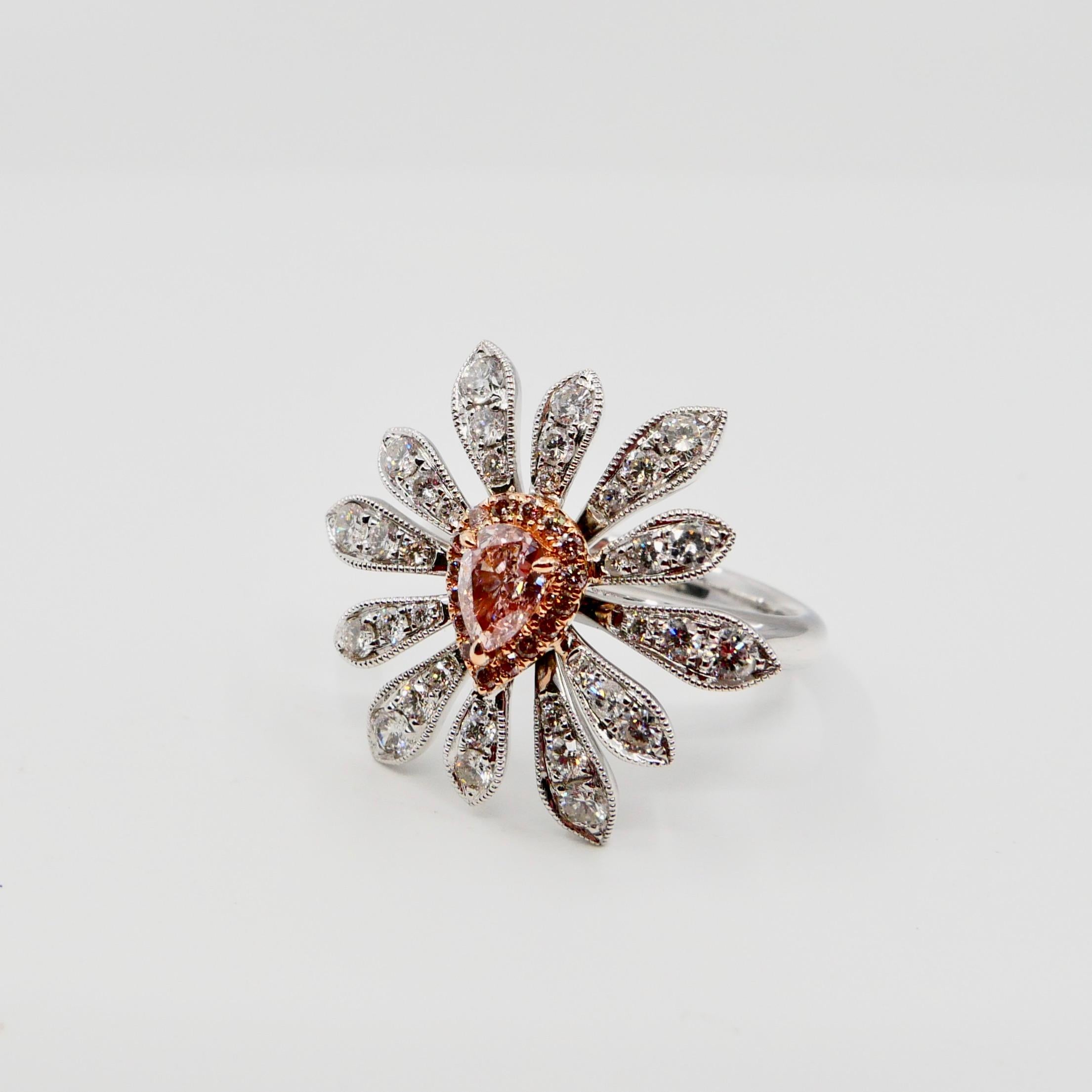 Women's GIA Certified 0.42 Carat Fancy Orangy Pink Diamond Flower Cocktail Ring For Sale