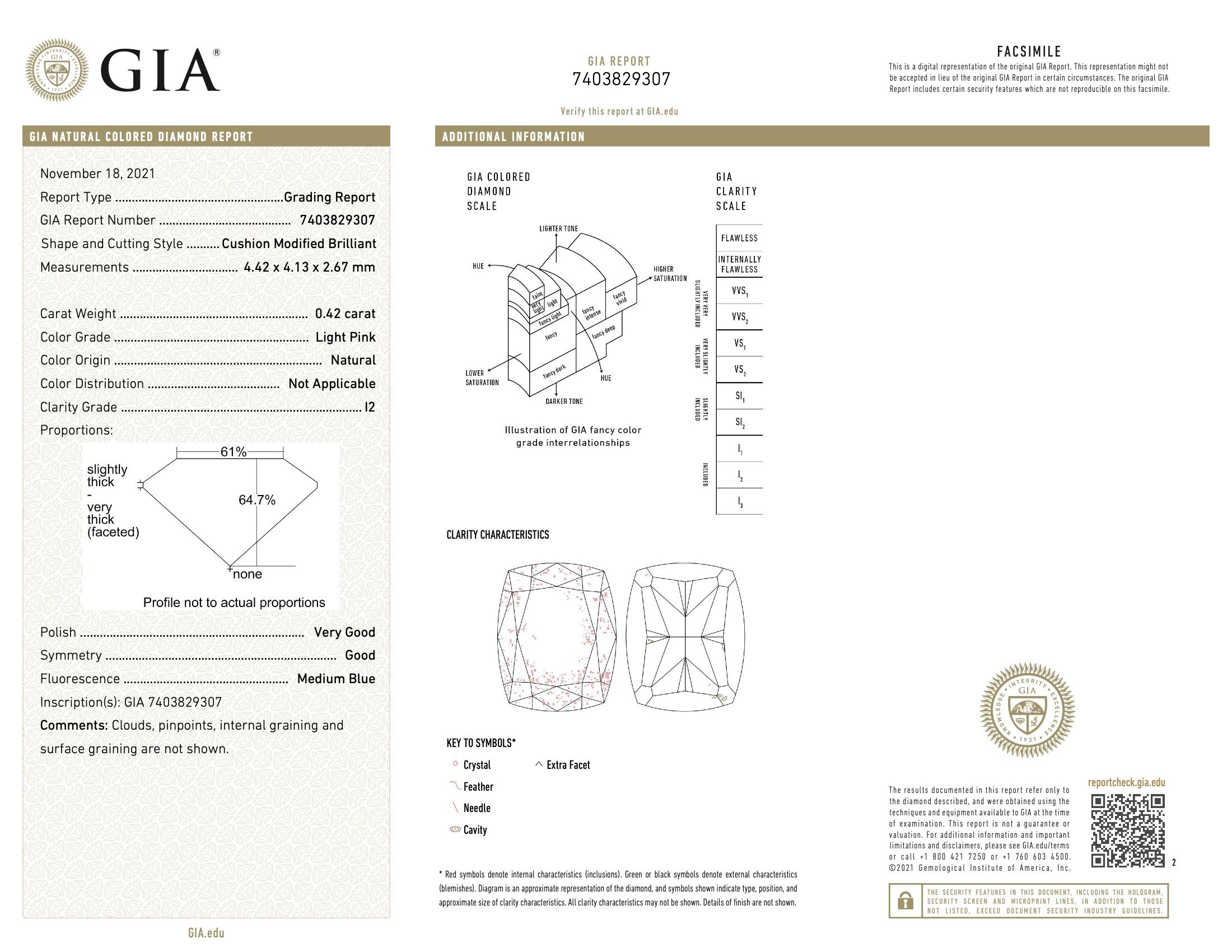 GIA Certified 0.42 Carat Light Pink I2 Clarity Diamond For Sale 1