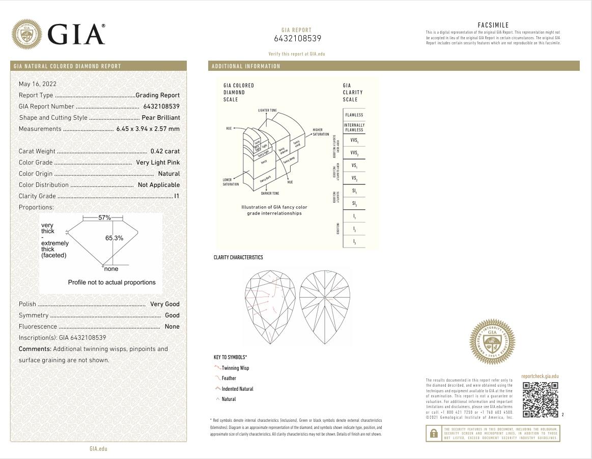 GIA Certified 0.42 Carat Very Light Pink I1 Clarity Diamond For Sale 1