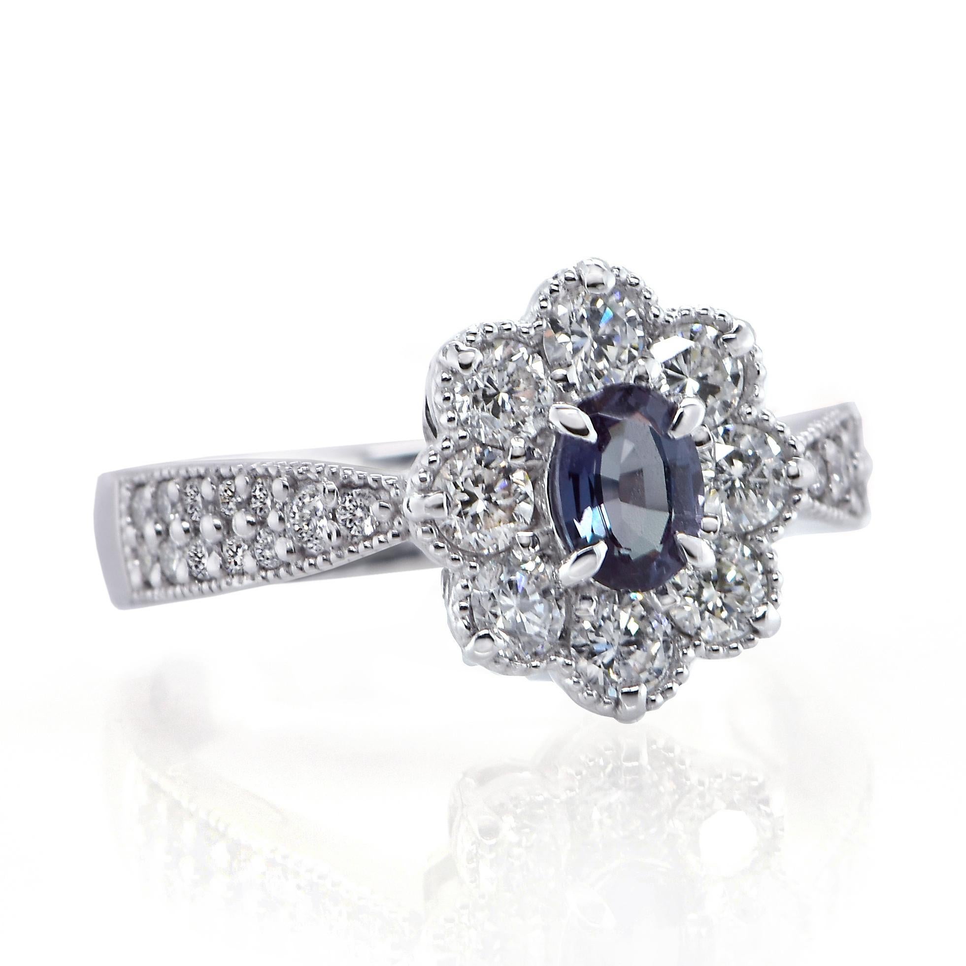 Oval Cut GIA Certified 0.43 Carat Brazilian Alexandrite and Diamond Ring set in Platinum