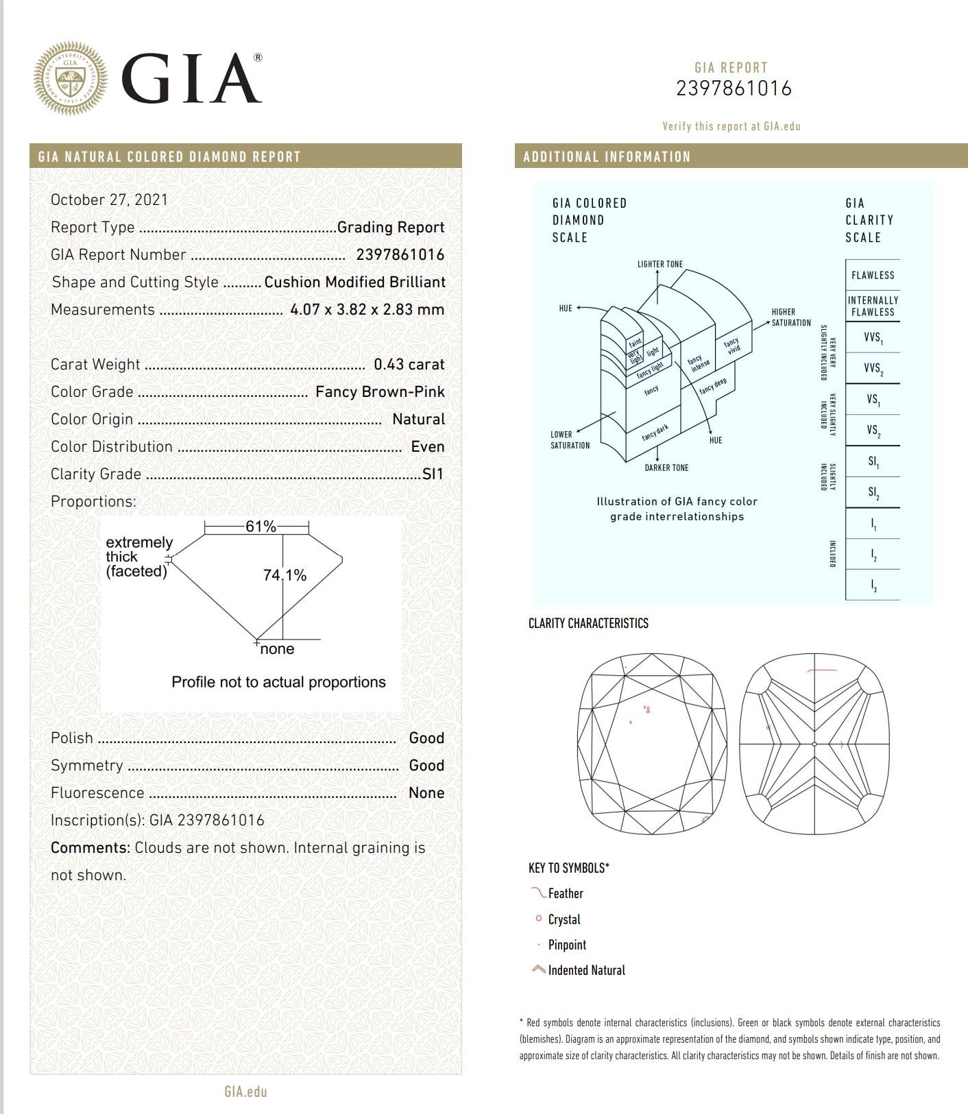 GIA Certified 0.43 Carat Fancy Brown Pink SI1 Clarity Diamond en vente 1