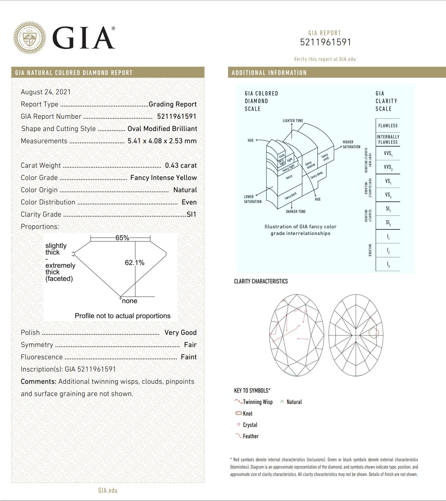 GIA Certified 0.43 Carat Fancy Intense Yellow SI1 Clarity Diamond For Sale 1