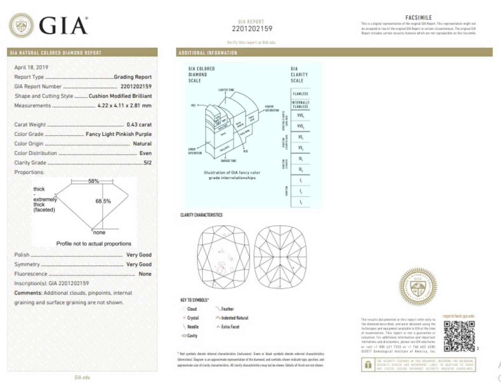GIA Certified 0.43 Carat Fancy Light Pinkish Purple SI1 Clarity Diamond For Sale 1