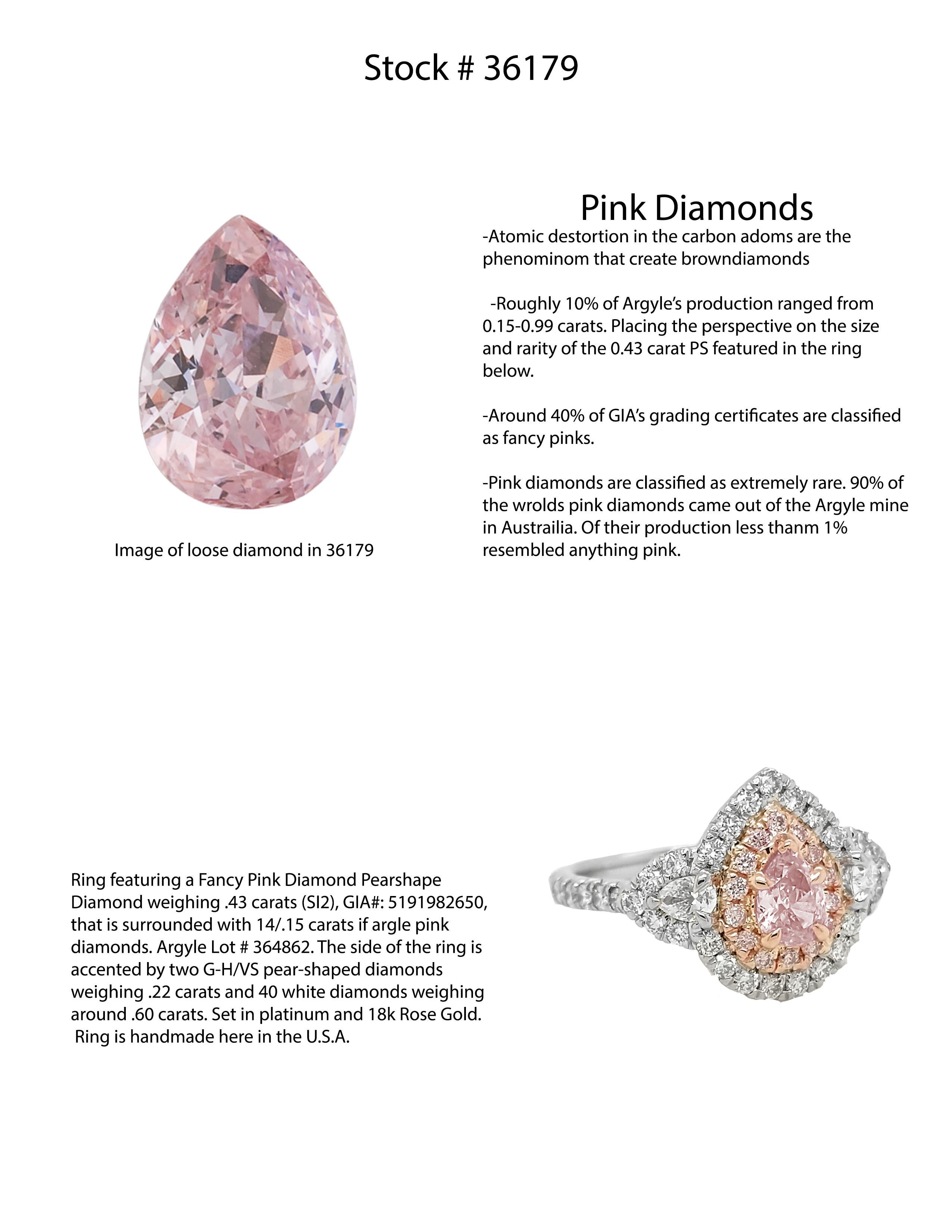 Modern GIA Certified 0.43 Carat Fancy Pink Diamond Handmade Halo with Pear Shapes Ring For Sale