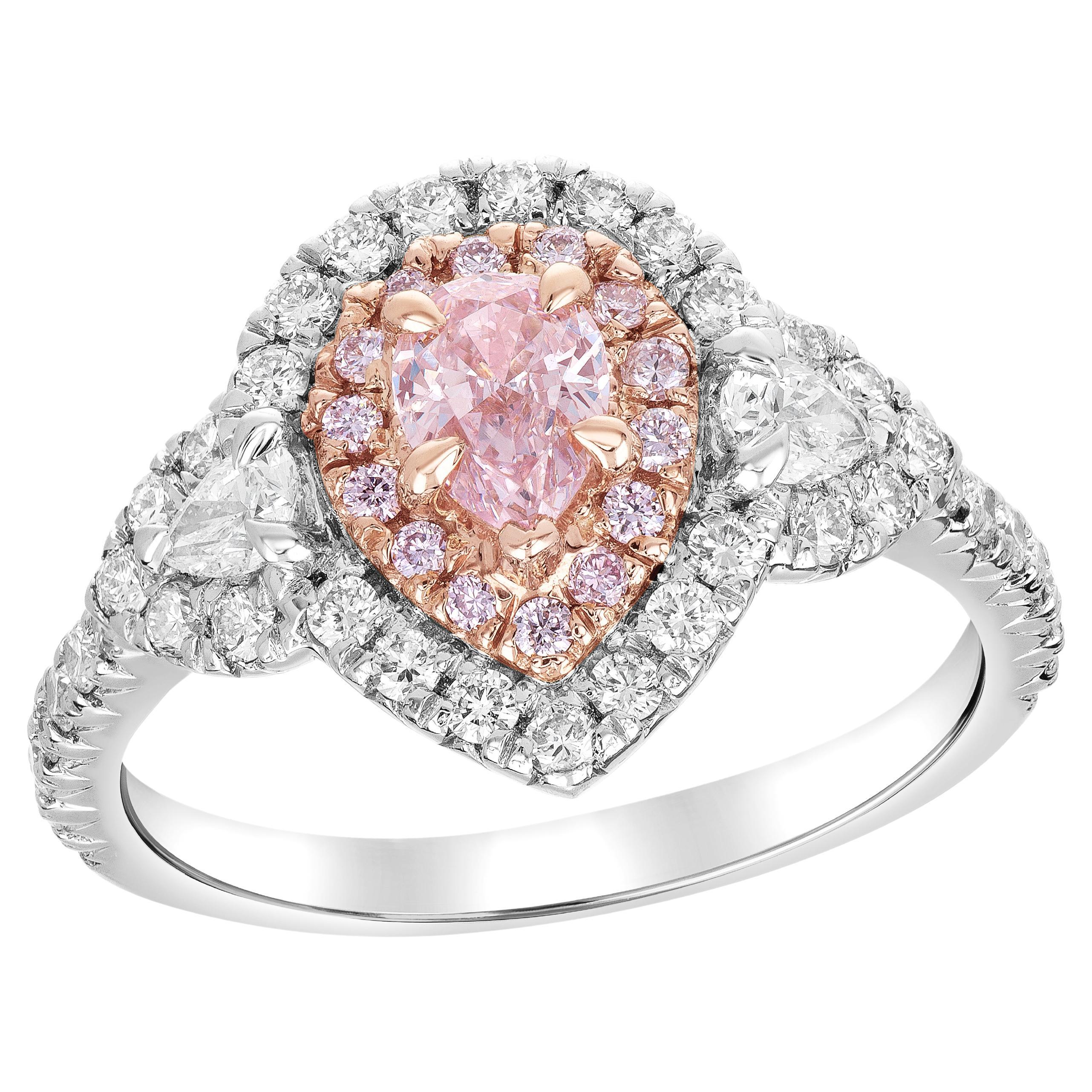 GIA Certified 0.43 Carat Fancy Pink Diamond Handmade Halo with Pear Shapes Ring For Sale