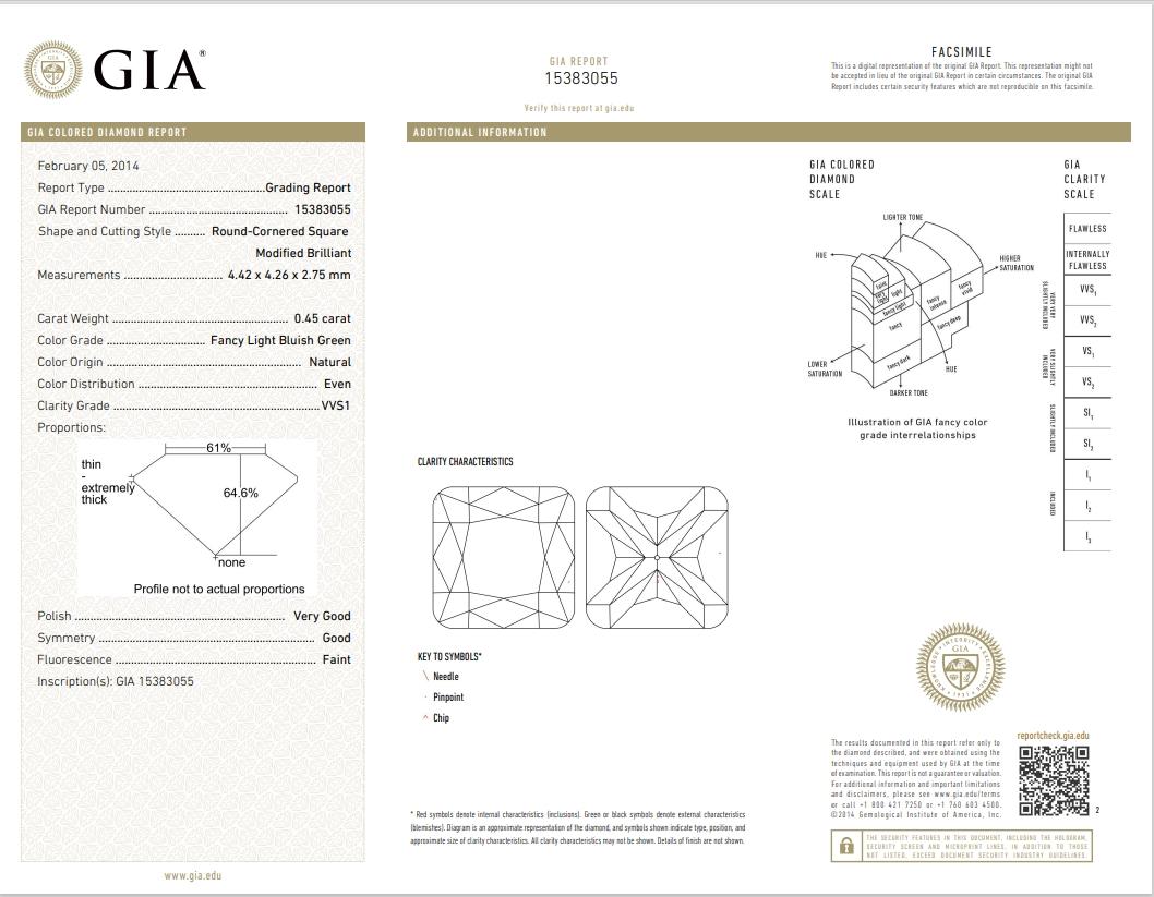 Diamante certificato GIA da 0,45 carati, di colore verde chiaro e bluastro con purezza VVS1 in vendita 1