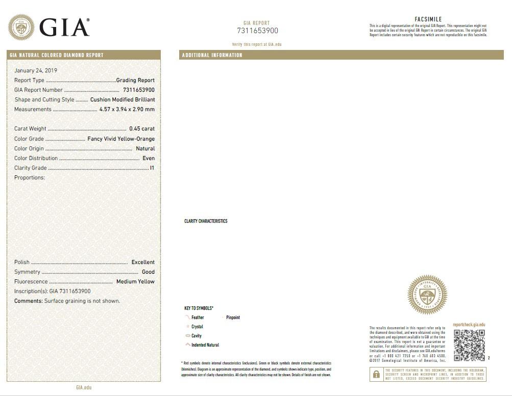 Women's or Men's GIA Certified 0.45 Carat Fancy Vivid Yellow Orange I1 Clarity Diamond For Sale