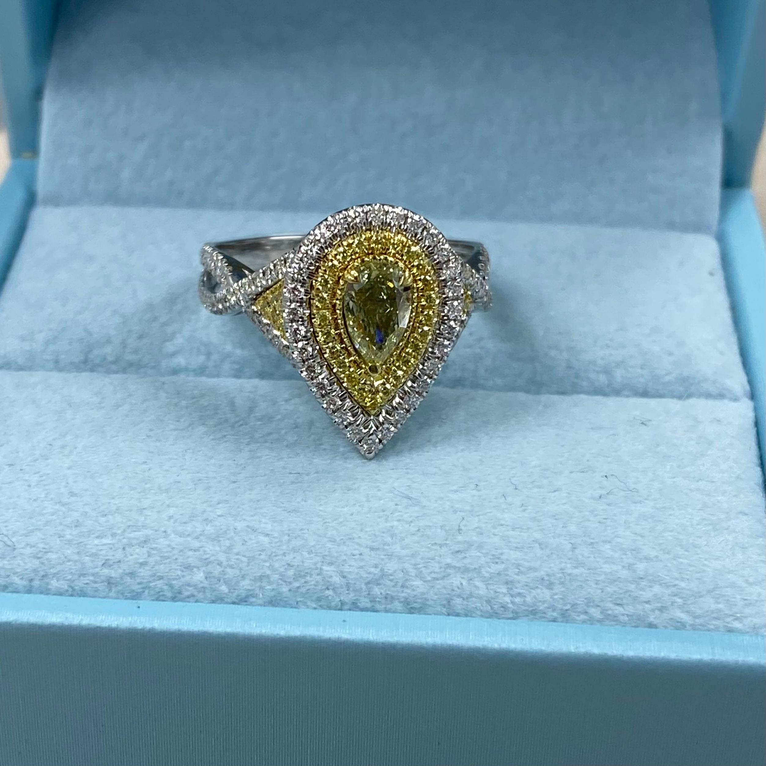 GIA Certified 0.45 Ct Fancy Intense Yellow Pear Shape Diamond Engagement Ring For Sale 4