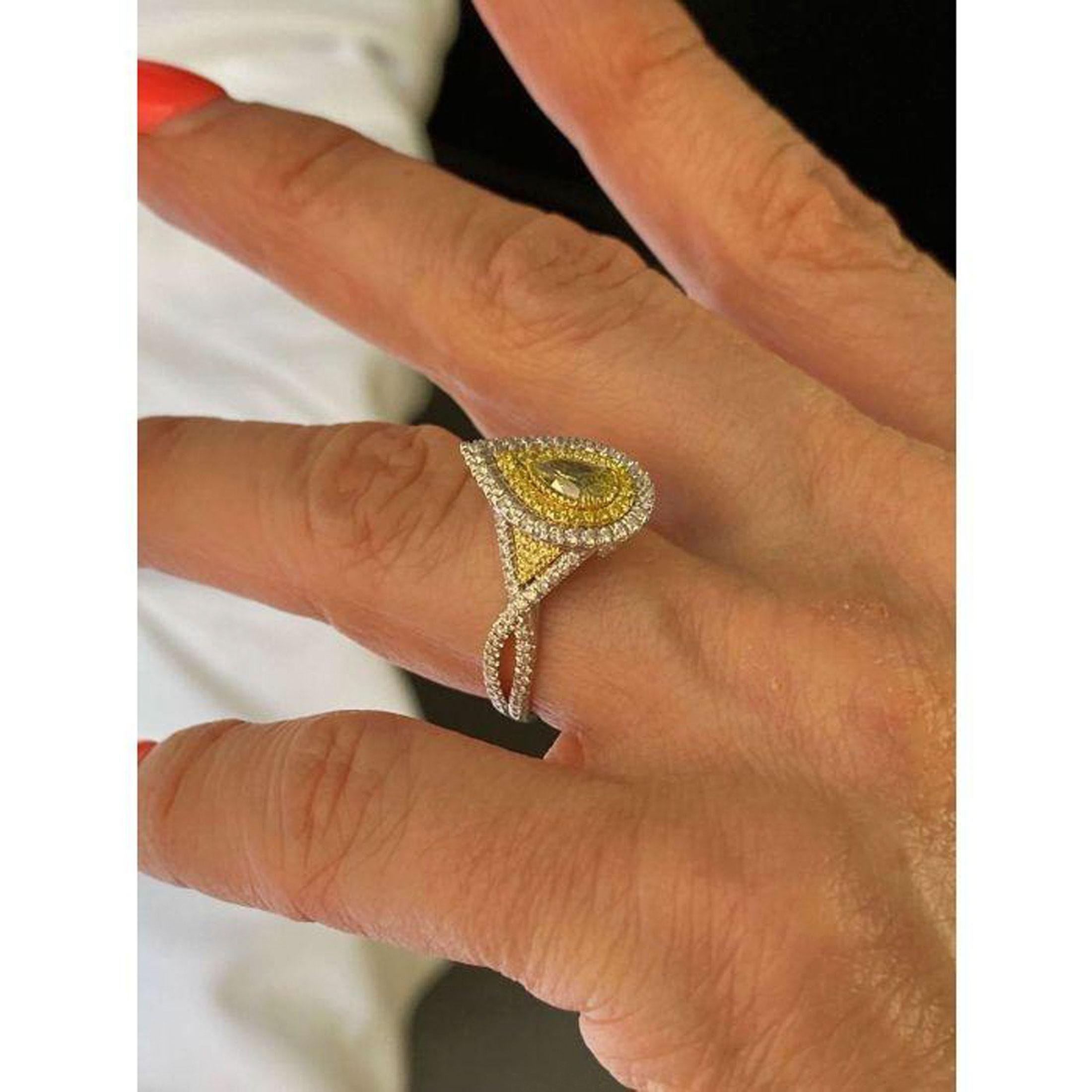 Pear Cut GIA Certified 0.45 Ct Fancy Intense Yellow Pear Shape Diamond Engagement Ring For Sale