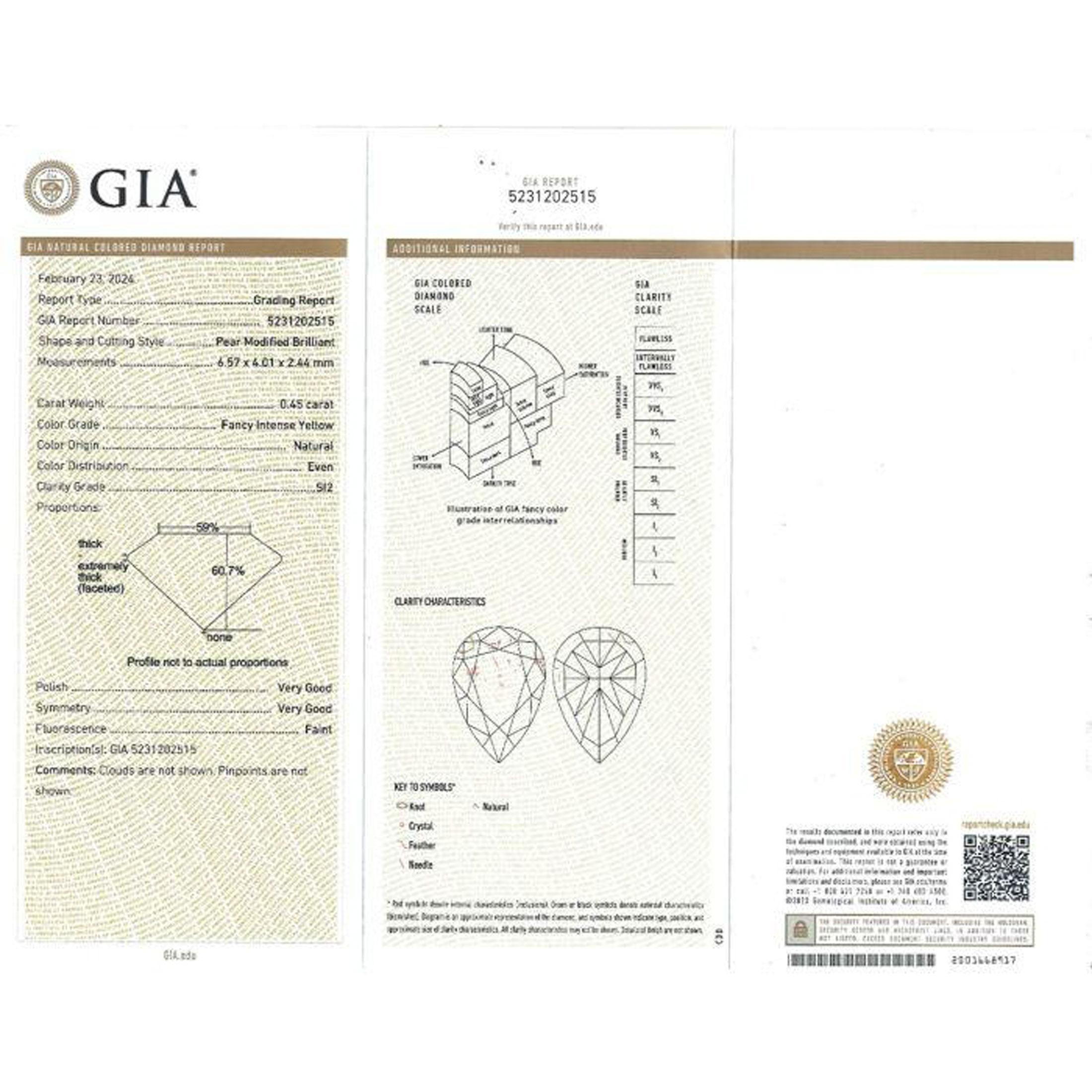 Women's GIA Certified 0.45 Ct Fancy Intense Yellow Pear Shape Diamond Engagement Ring For Sale