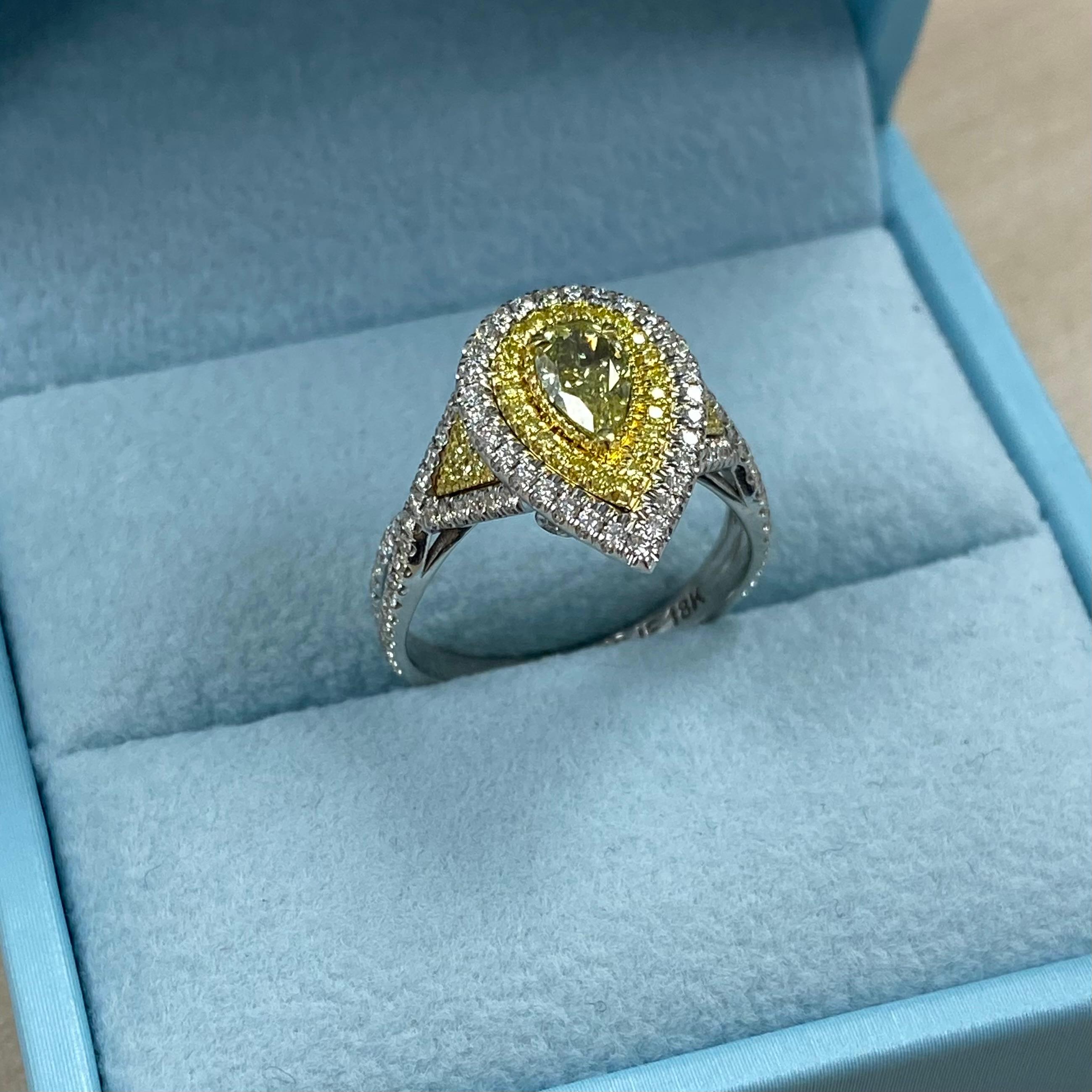 GIA Certified 0.45 Ct Fancy Intense Yellow Pear Shape Diamond Engagement Ring For Sale 1