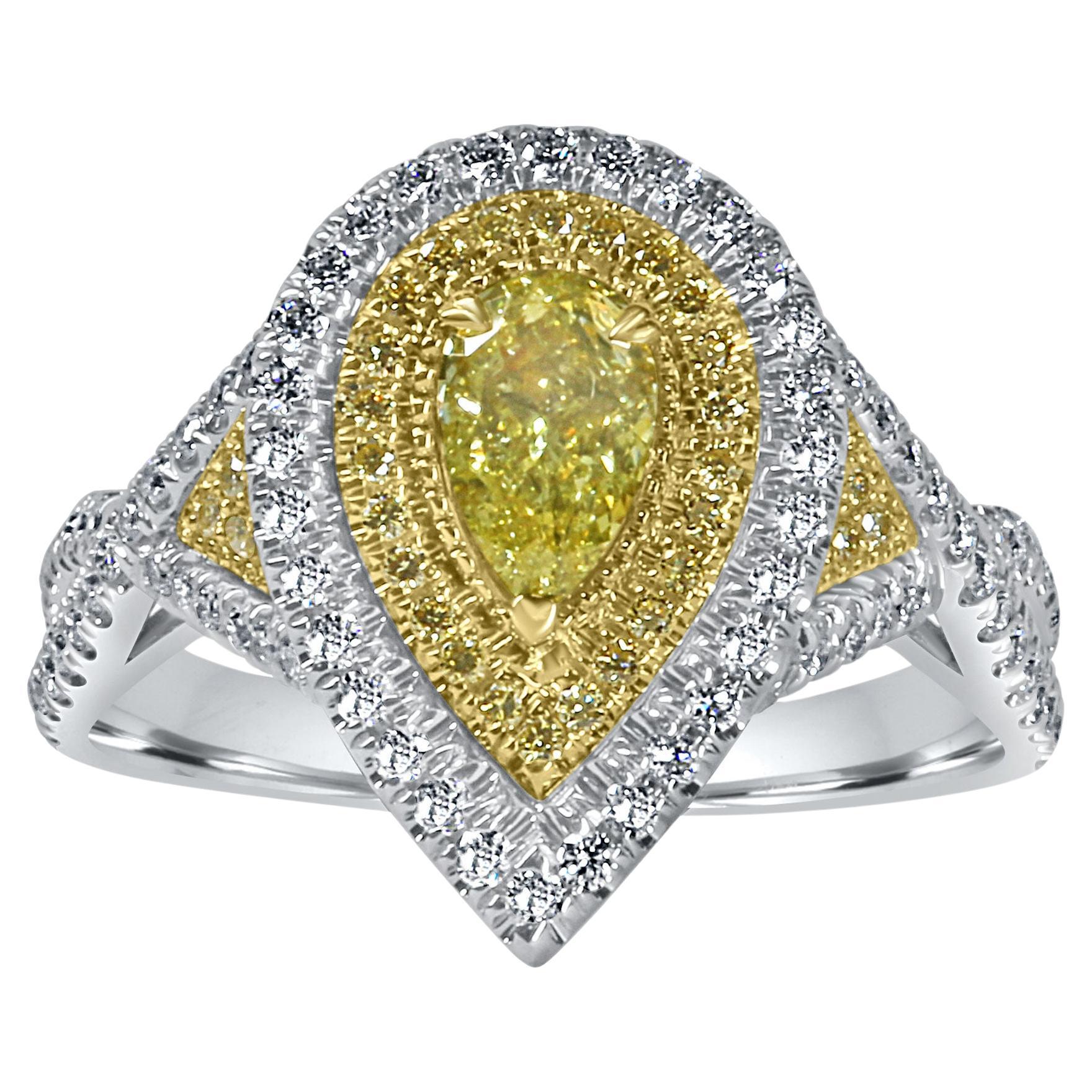 GIA Certified 0.45 Ct Fancy Intense Yellow Pear Shape Diamond Engagement Ring