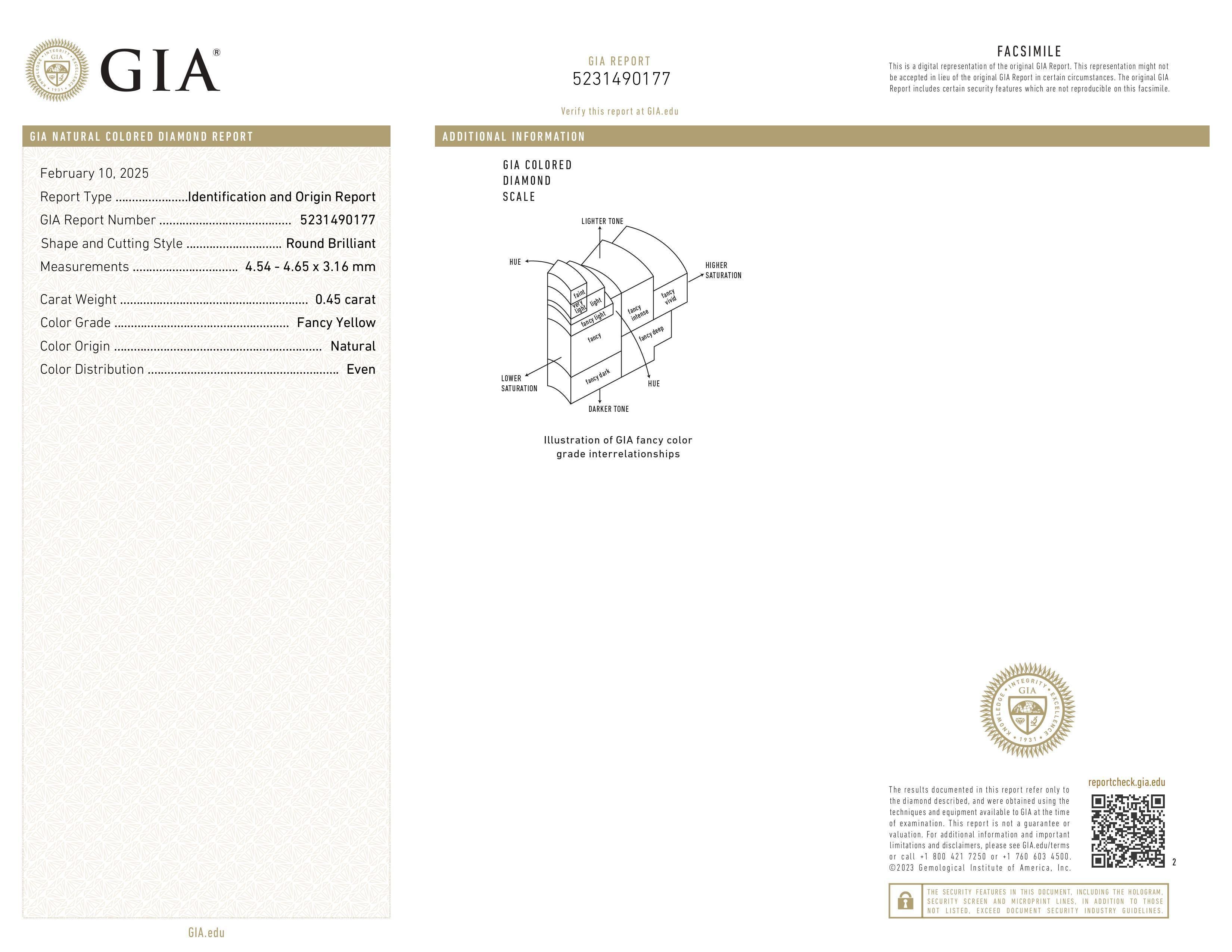 GIA Certified 0.45ct Fancy Yellow Round SI1 Natural Diamond For Sale 2