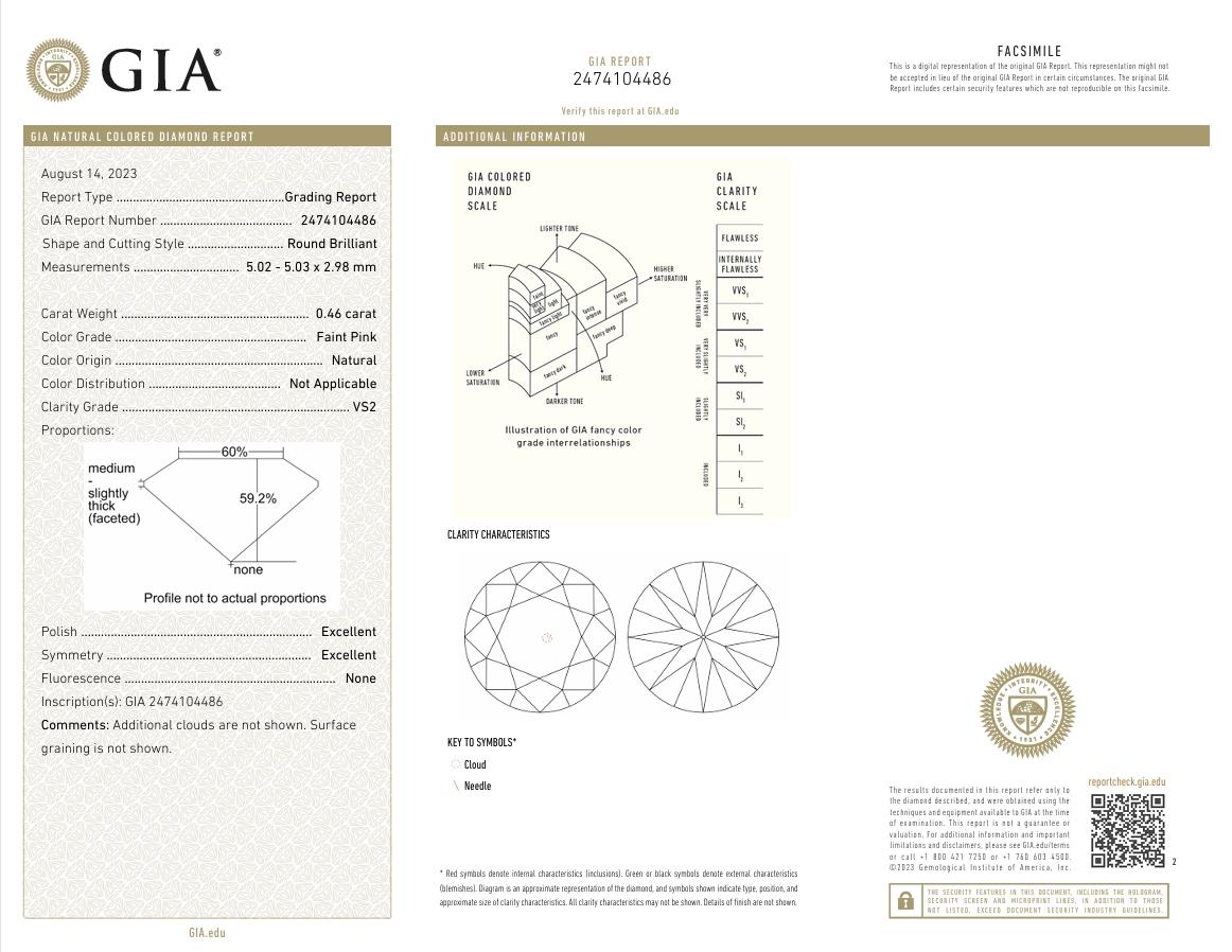 GIA Certified 0.46 Carat Faint Pink VS2 Clarity Diamond For Sale 1