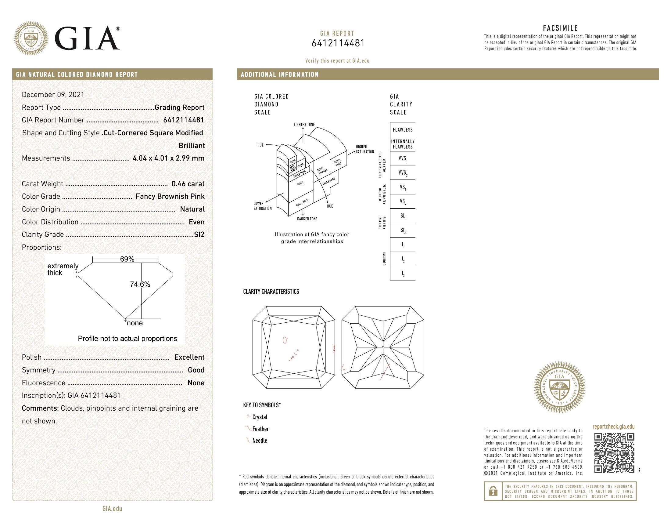GIA Certified 0.46 Carat Fancy Brownish Pink SI2 Clarity Diamond For Sale 1