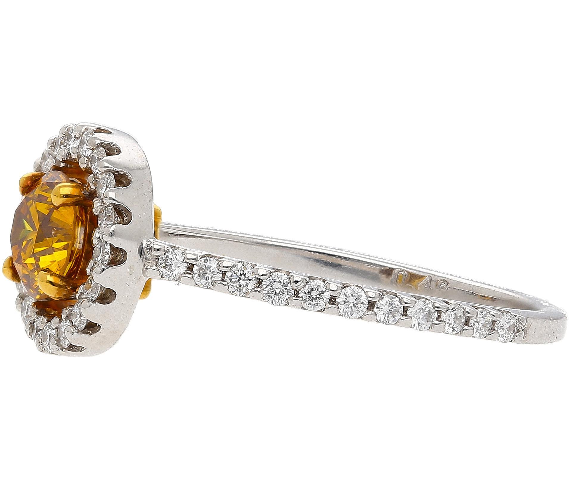 Round Cut GIA Certified 0.46 Carat Fancy Deep Orange Yellow Diamond Engagement Ring For Sale