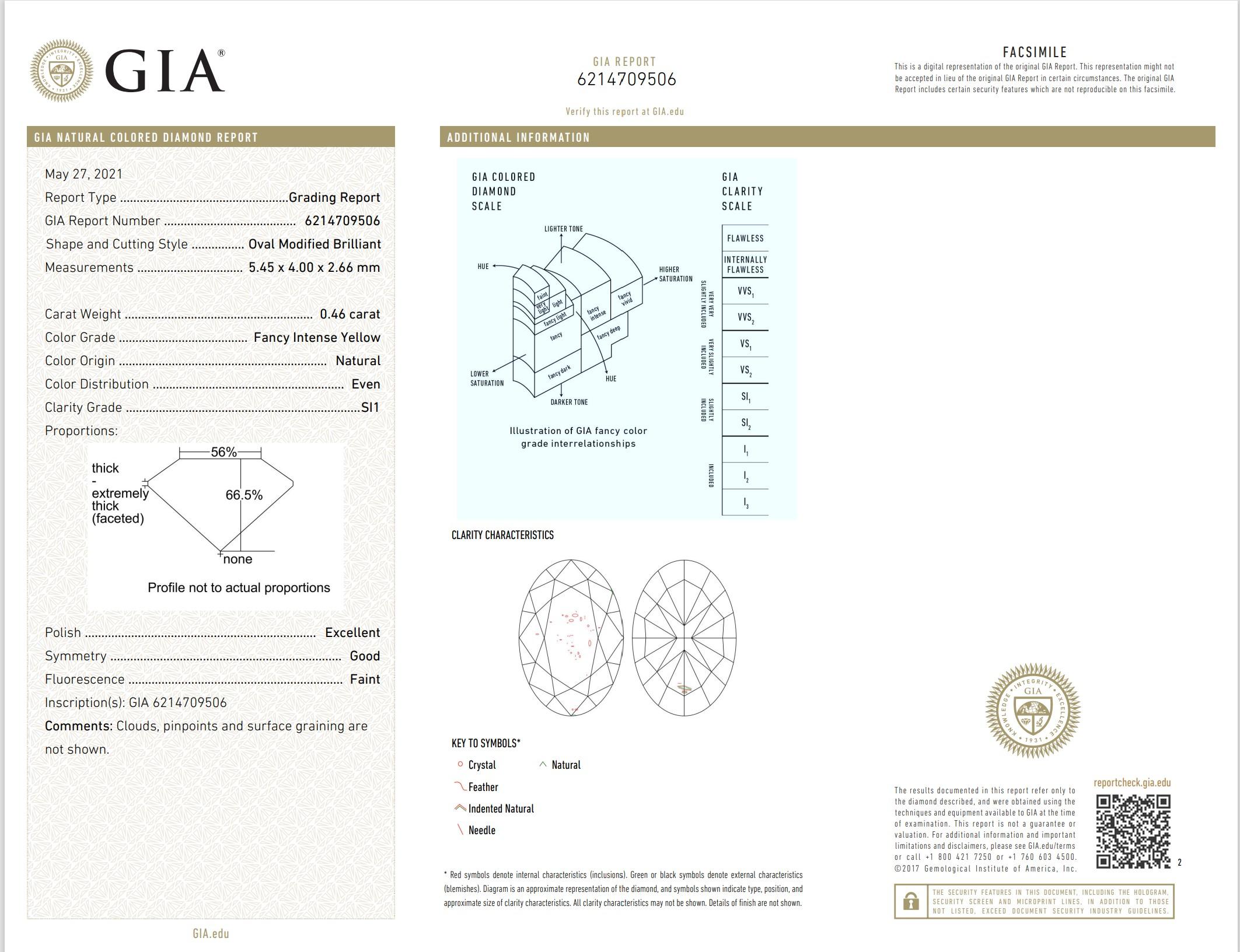 GIA Certified 0.46 Carat Fancy Intense Yellow SI1 Clarity Diamond For Sale 1