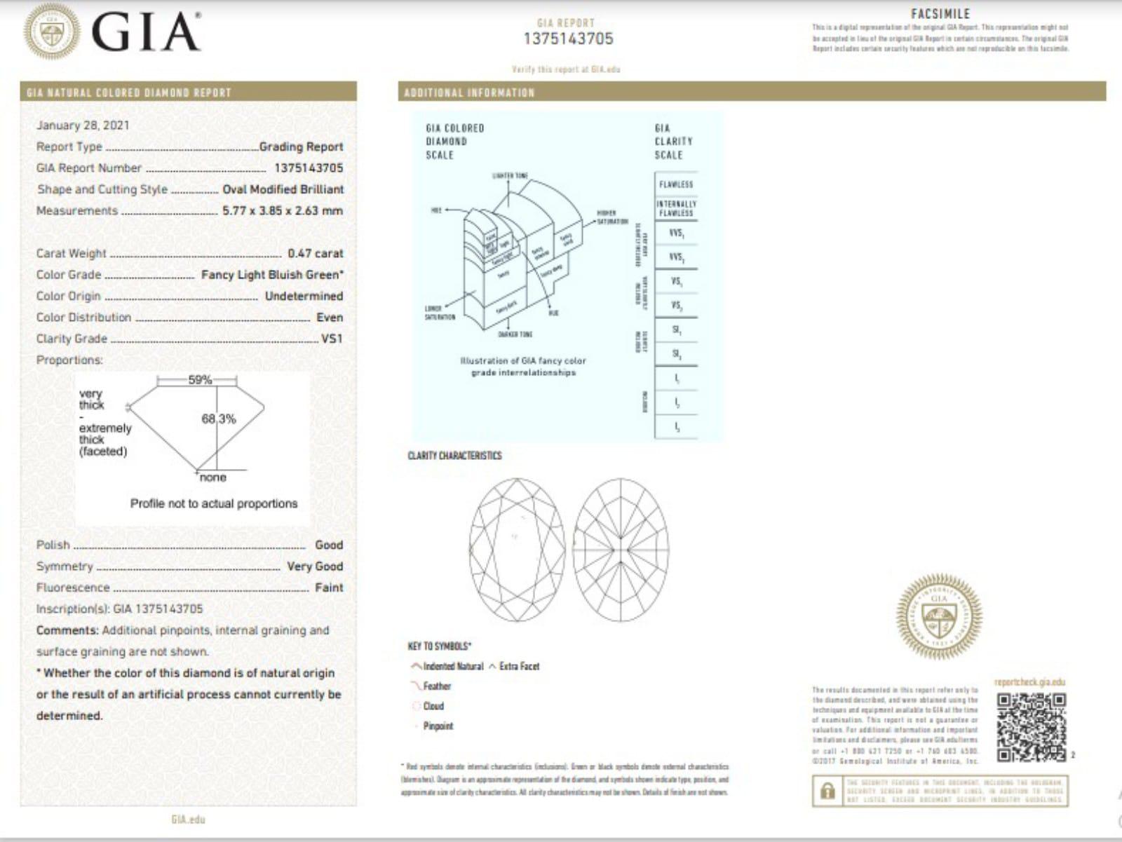 GIA Certified 0.47 Carat Fancy Light Bluish green VS1 Clarity Diamond For Sale 2