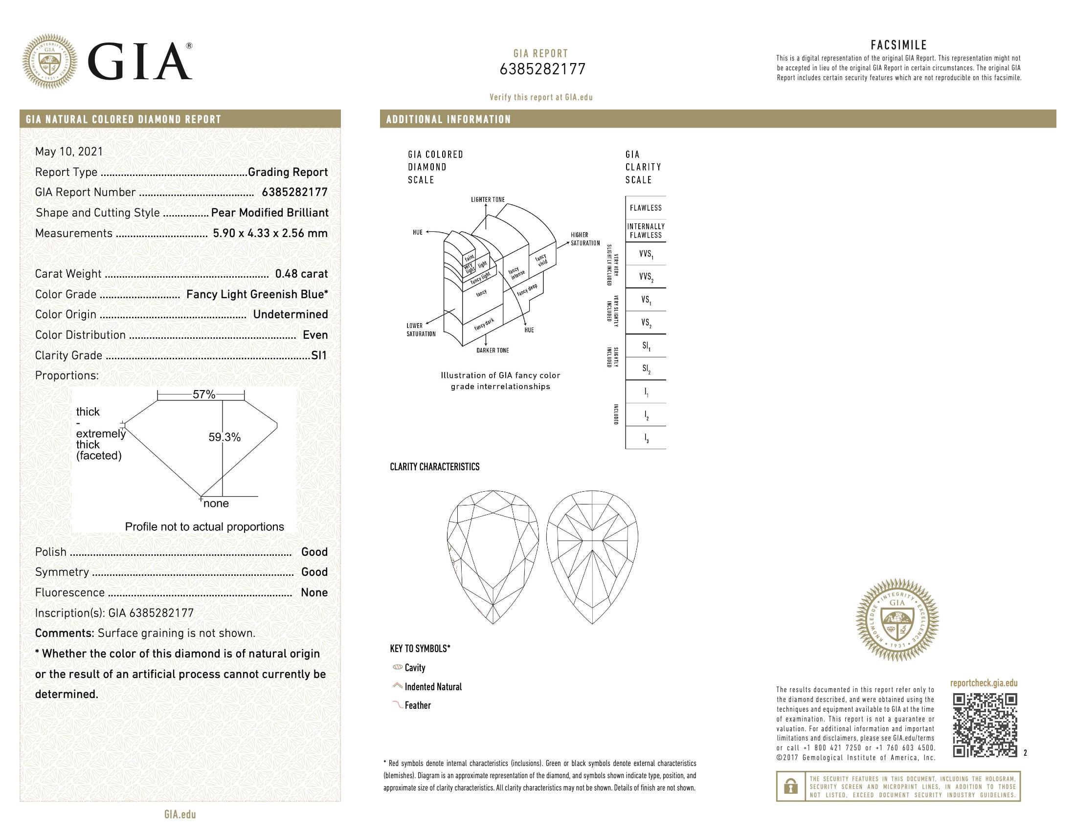 GIA Certified 0.48 Carat Fancy Light Greenish Blue SI1 Clarity Diamond For Sale 1