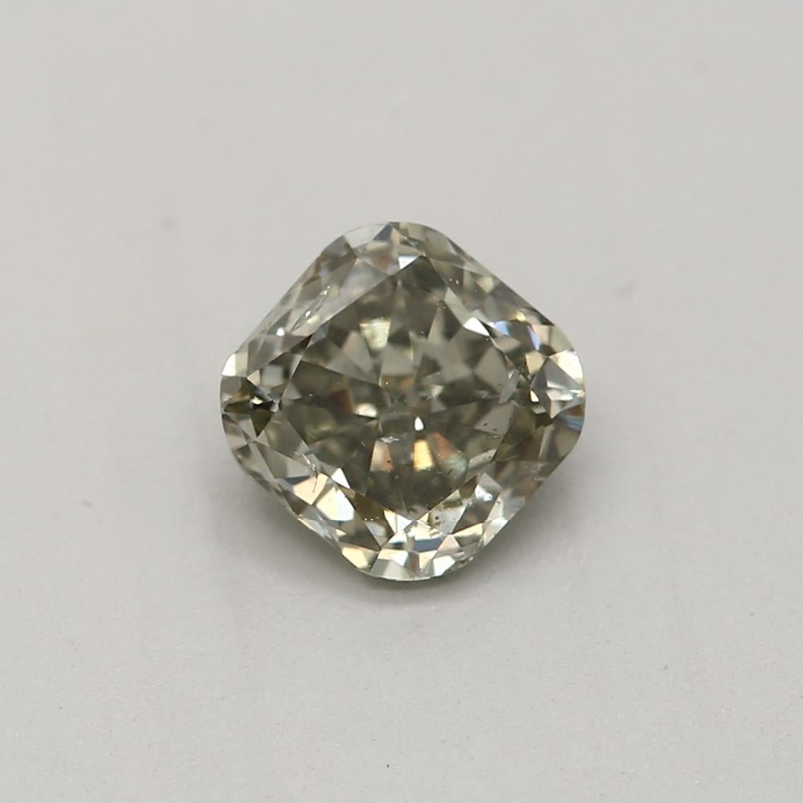 Certificate: GIA 
Report Number: 6452848583
Shape And Cut: Cushion
Carat Weight: 0.49 carat
Measurements: 4.62 x 4.57 x 2.65 mm
Color Grade: Fancy Dark Gray Yellowish Green

FEATURES OF THE DIAMOND:

This Fancy Dark Gray Yellowish Green diamond is a