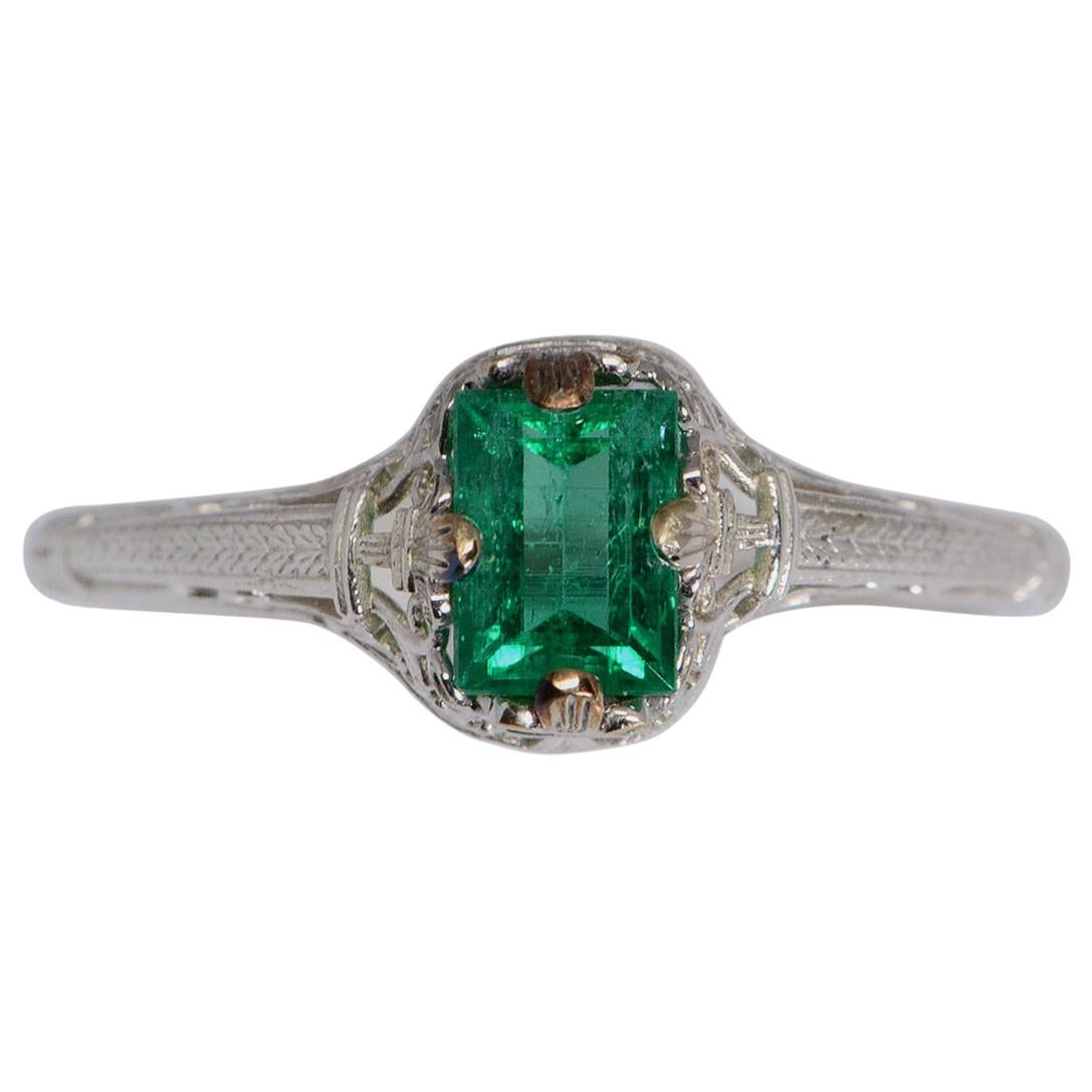 GIA Certified 0.50 Carat Columbian Emerald Art Deco Ring
