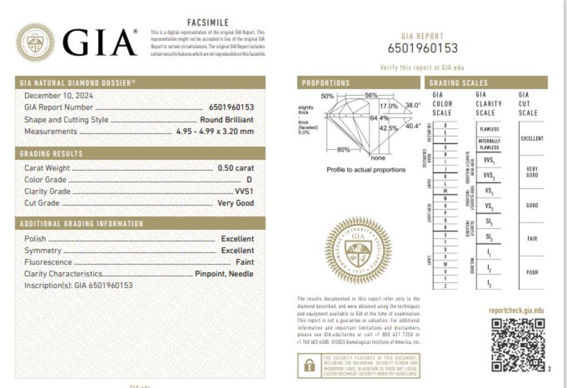 Women's or Men's GIA Certified 0.50 Carat D Colour I1 Clarity Diamond For Sale