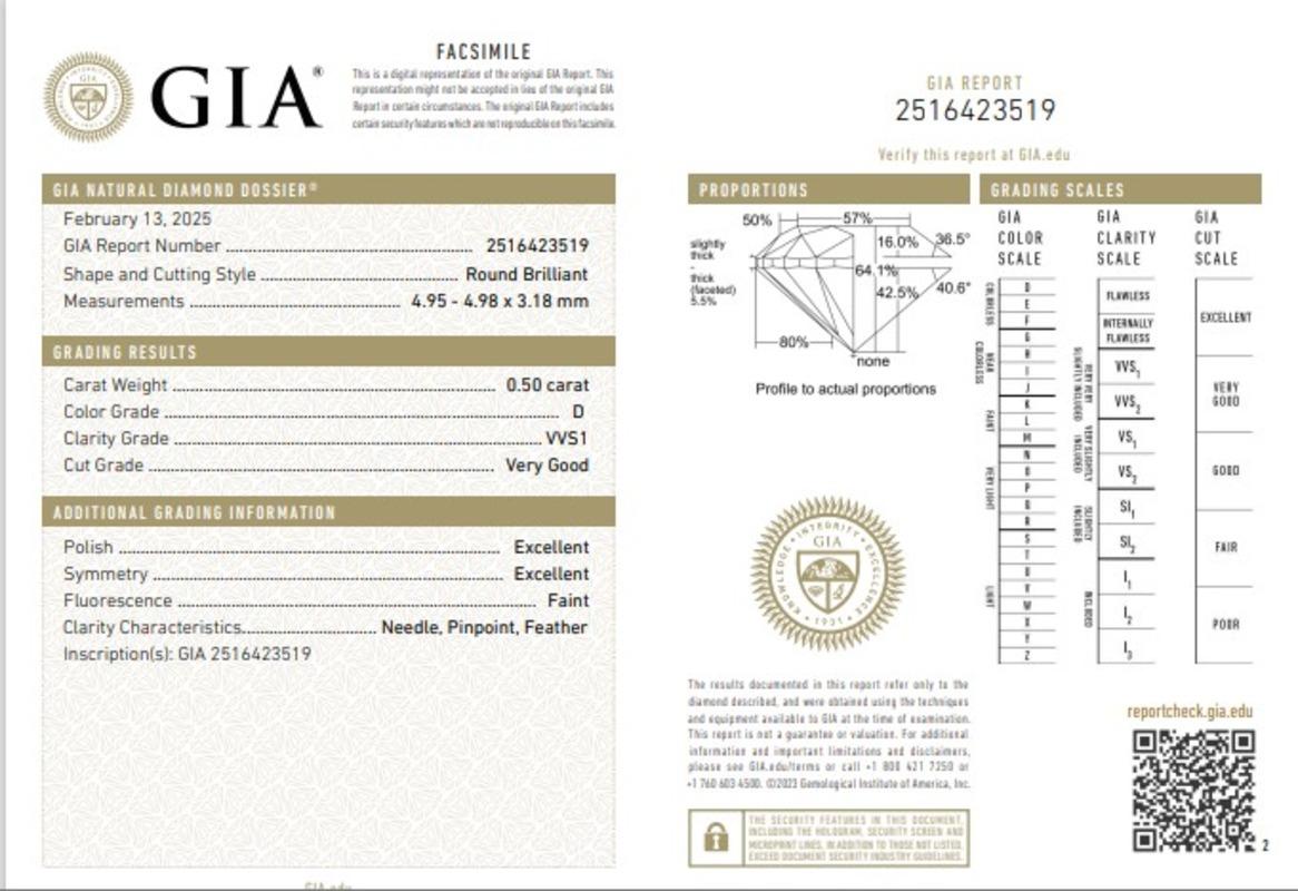 GIA Certified 0.50 Carat D Colour vvs1 Clarity Diamond For Sale 1