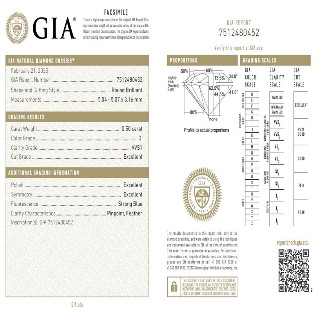 GIA Certified 0.50 Carat D Colour VVS1 Clarity Diamond For Sale 2