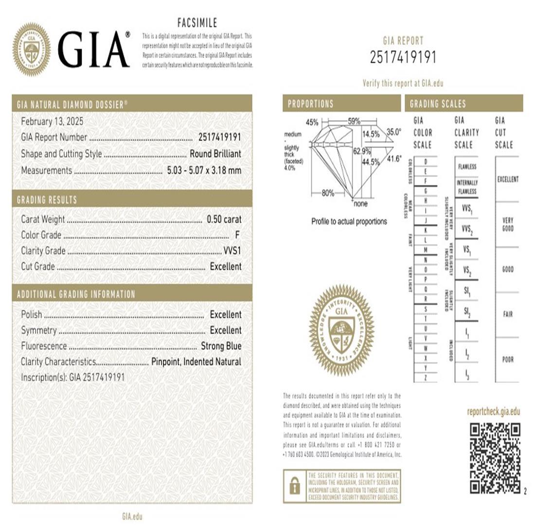 Women's or Men's GIA Certified 0.50 Carat F Colour VVS1 Clarity Diamond For Sale