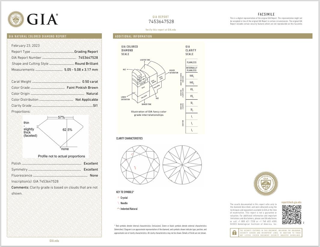 GIA Certified 0.50 Carat Faint Pinkish Brown SI1 Clarity Diamond For Sale 2