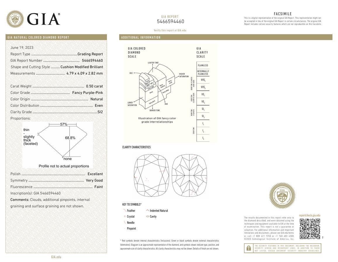 GIA Certified 0.50 Carat Fancy Purple Pink SI2 Clarity Diamond For Sale 1