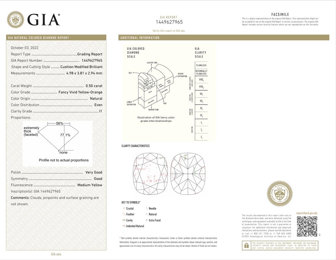 GIA Certified 0.50 Carat Fancy VIvid Yellow Orange I1 Clarity Diamond For Sale 1