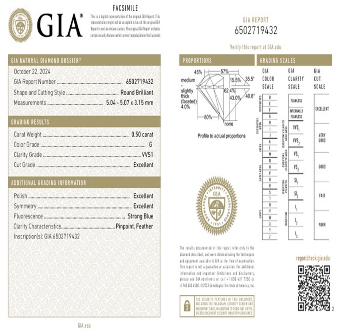 GIA Certified 0.50 Carat G Colour VVS1 Clarity Diamond For Sale 2