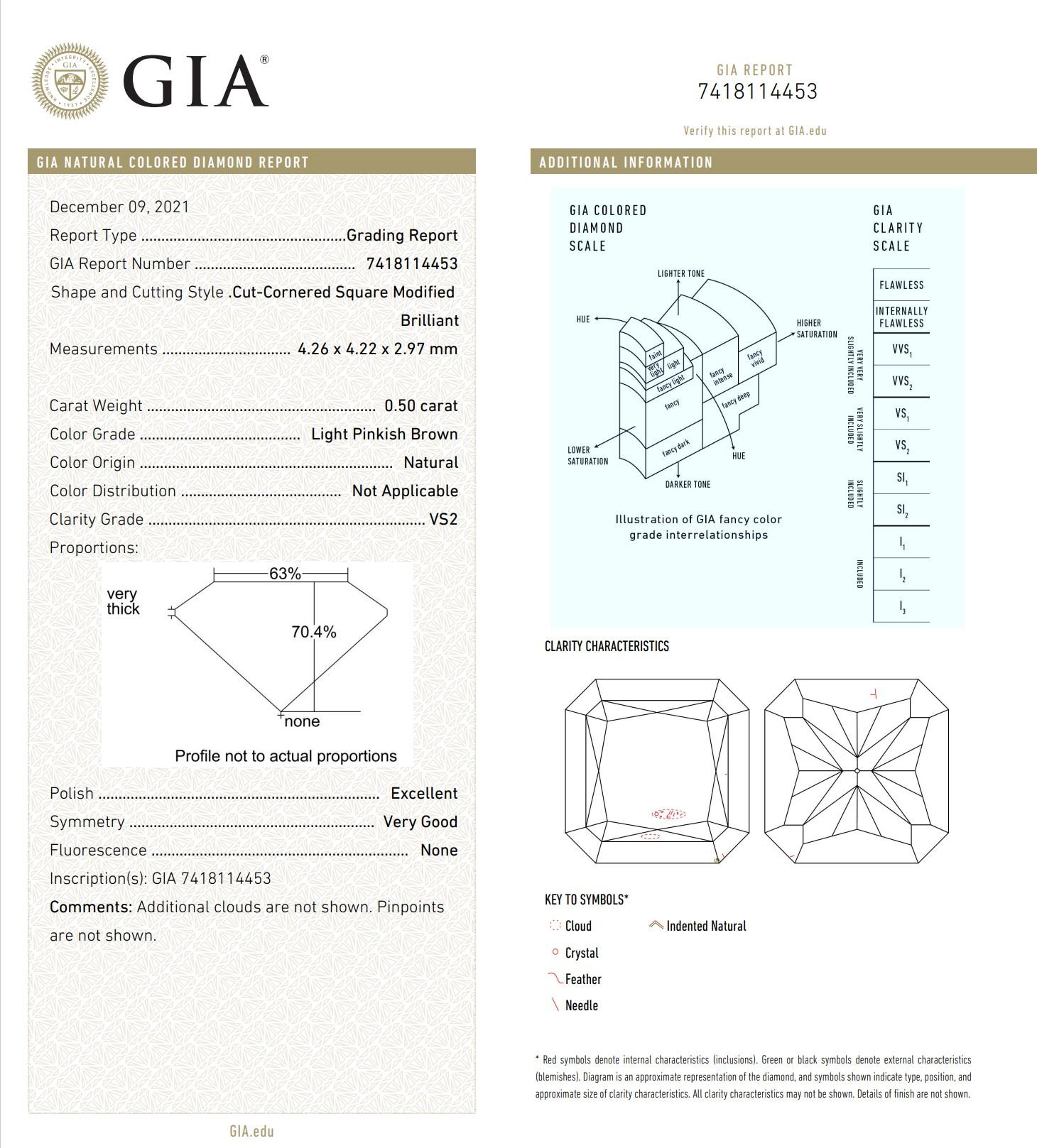 Diamante certificato GIA da 0,50 carati di colore marrone rosato chiaro con purezza VS2 in vendita 2