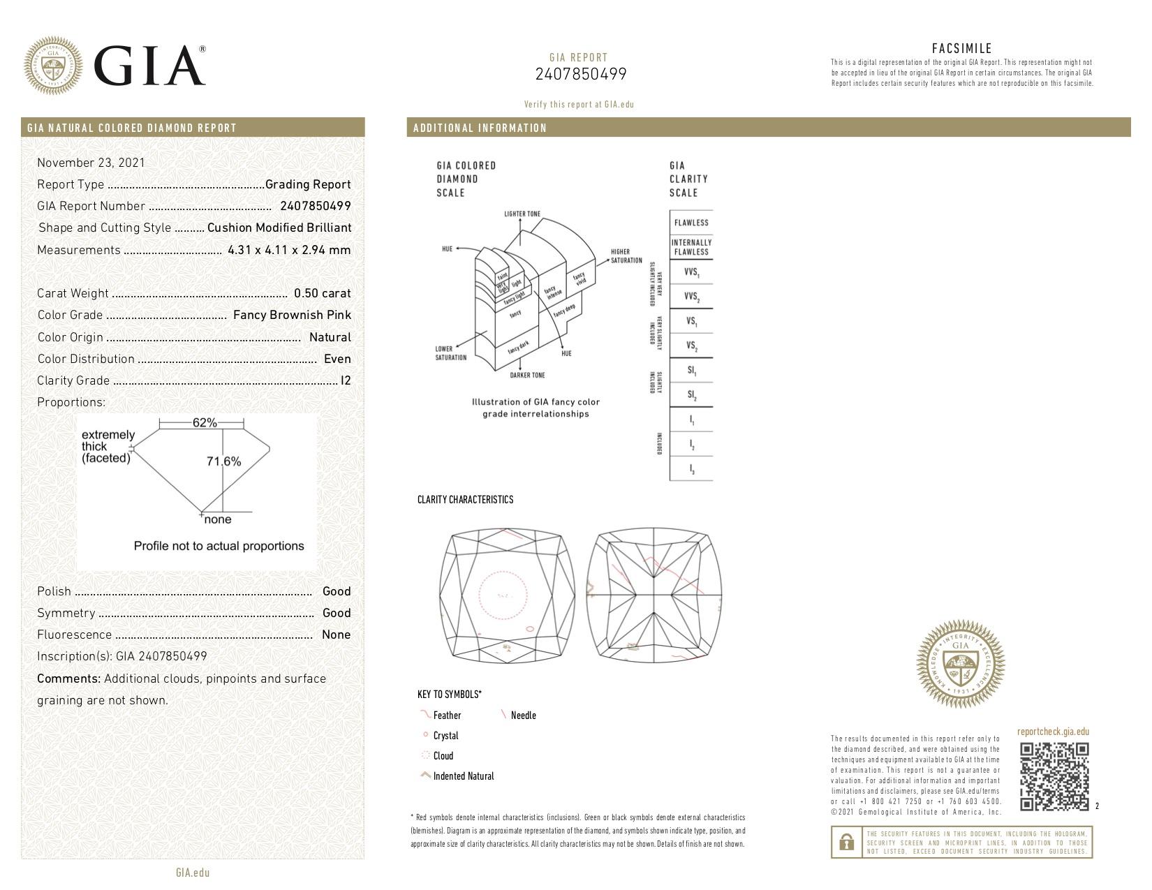 Cushion Cut GIA Certified 0.50 Carat Pink Diamond Ring For Sale
