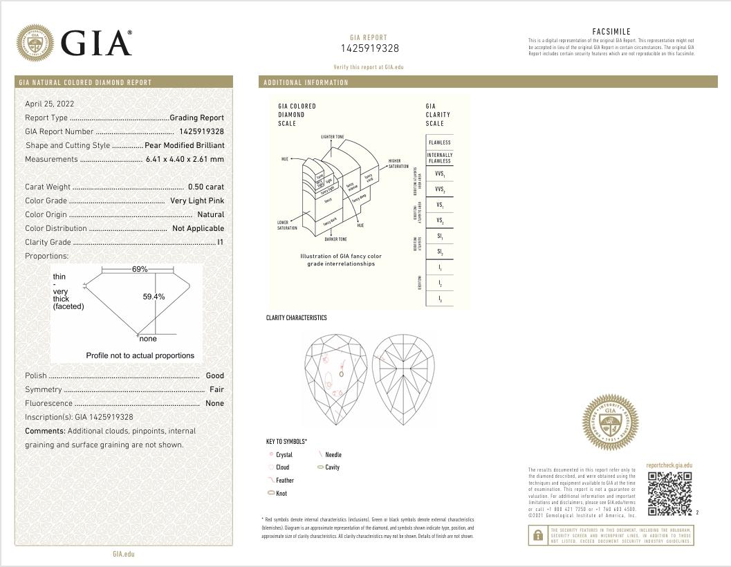 GIA Certified 0.50 Carat Very Light Pink I1 Clarity Diamond For Sale 1