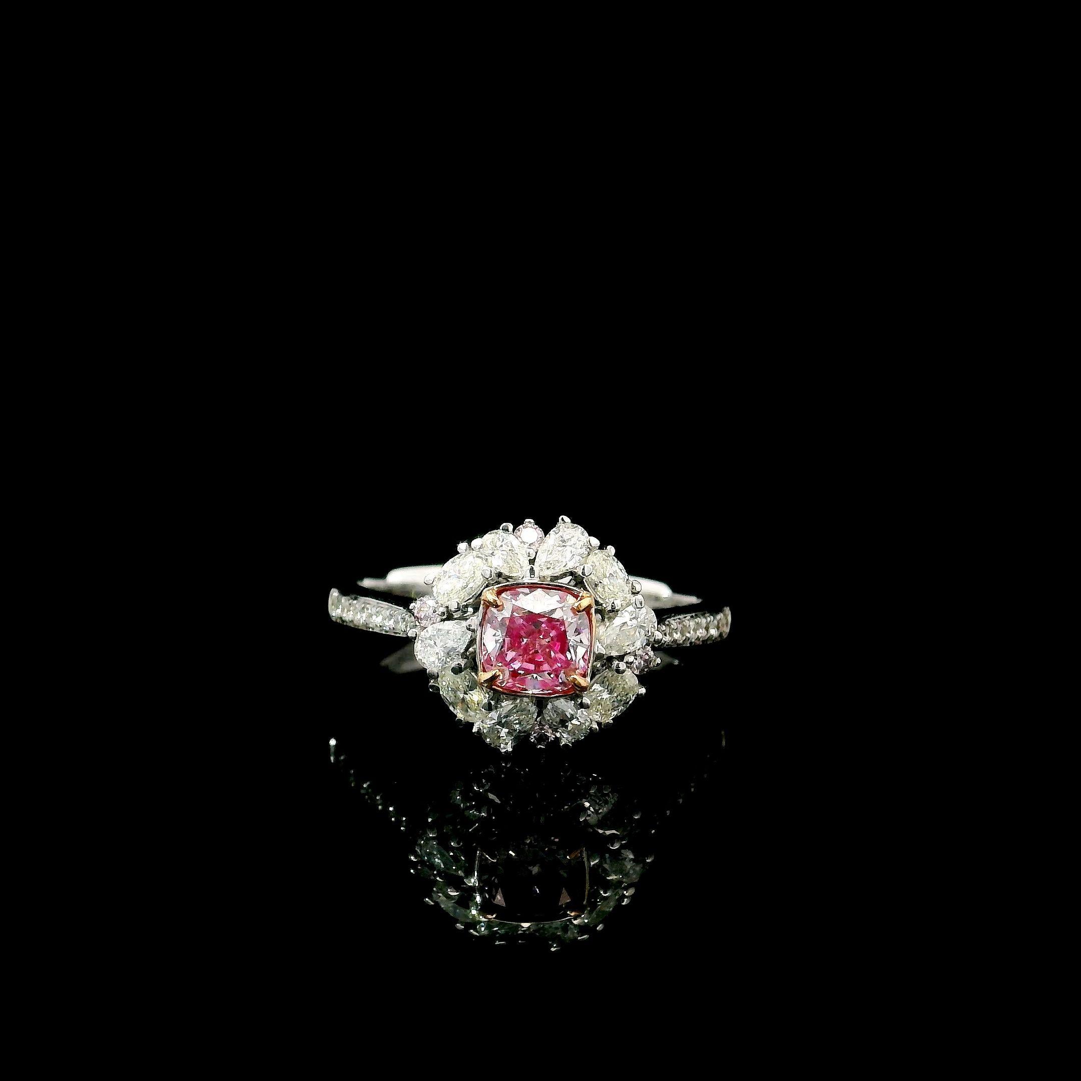 18kt white gold ring with diamonds
  
  Gold colour & karat: White gold 18kt
  Weight: 3.22 grams
  
  Set with-
  Stone type: Diamonds
  Shape: Cushion
  Carat: 0.50 ct
  Colour: Very Light Pink
  Clarity: VS2
  
  Surrounding Stones: Diamonds
 1)