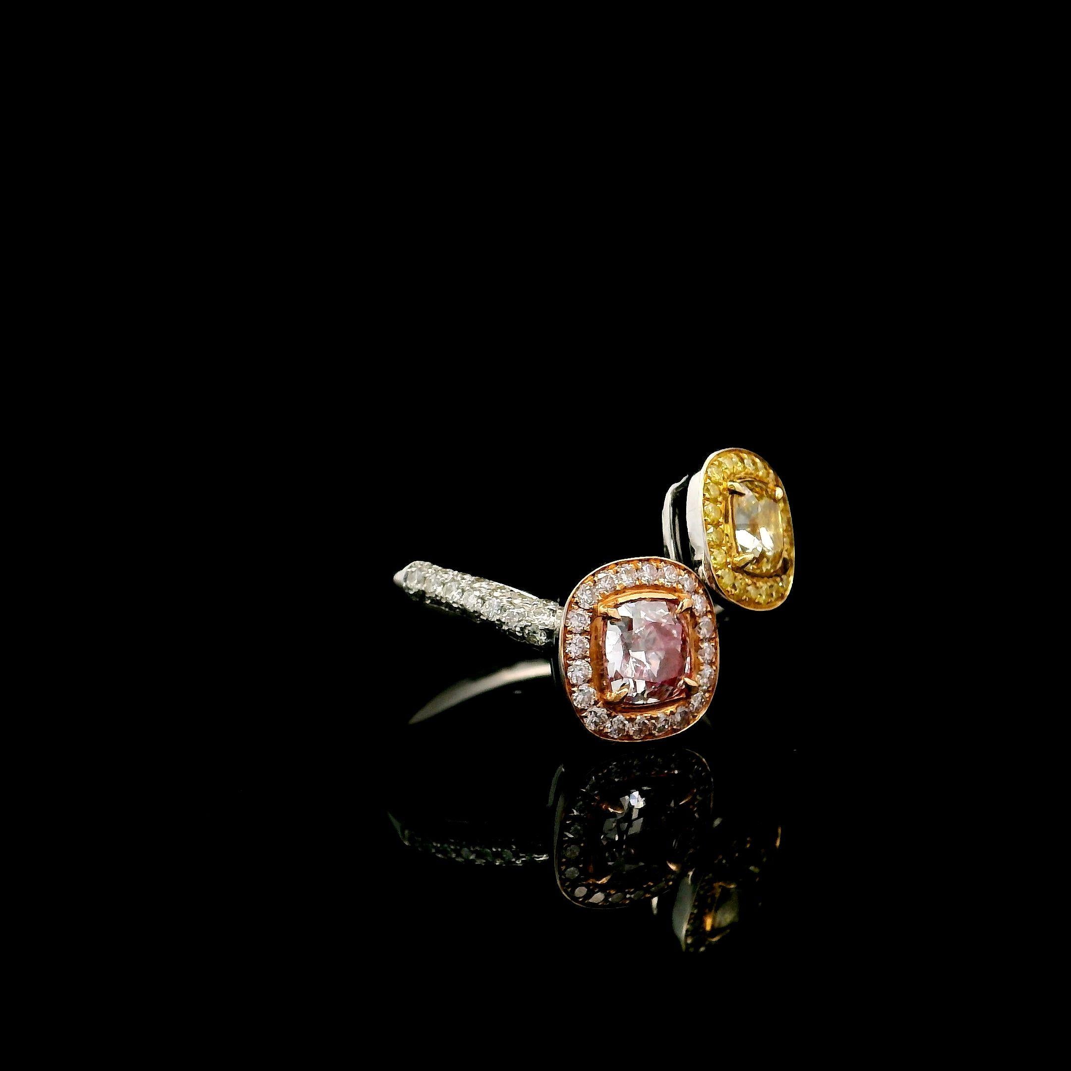 Cushion Cut GIA Certified 0.50 Fancy Light Brownish Yellow SI1 / 0.53 Faint Pink VS2 Ring For Sale
