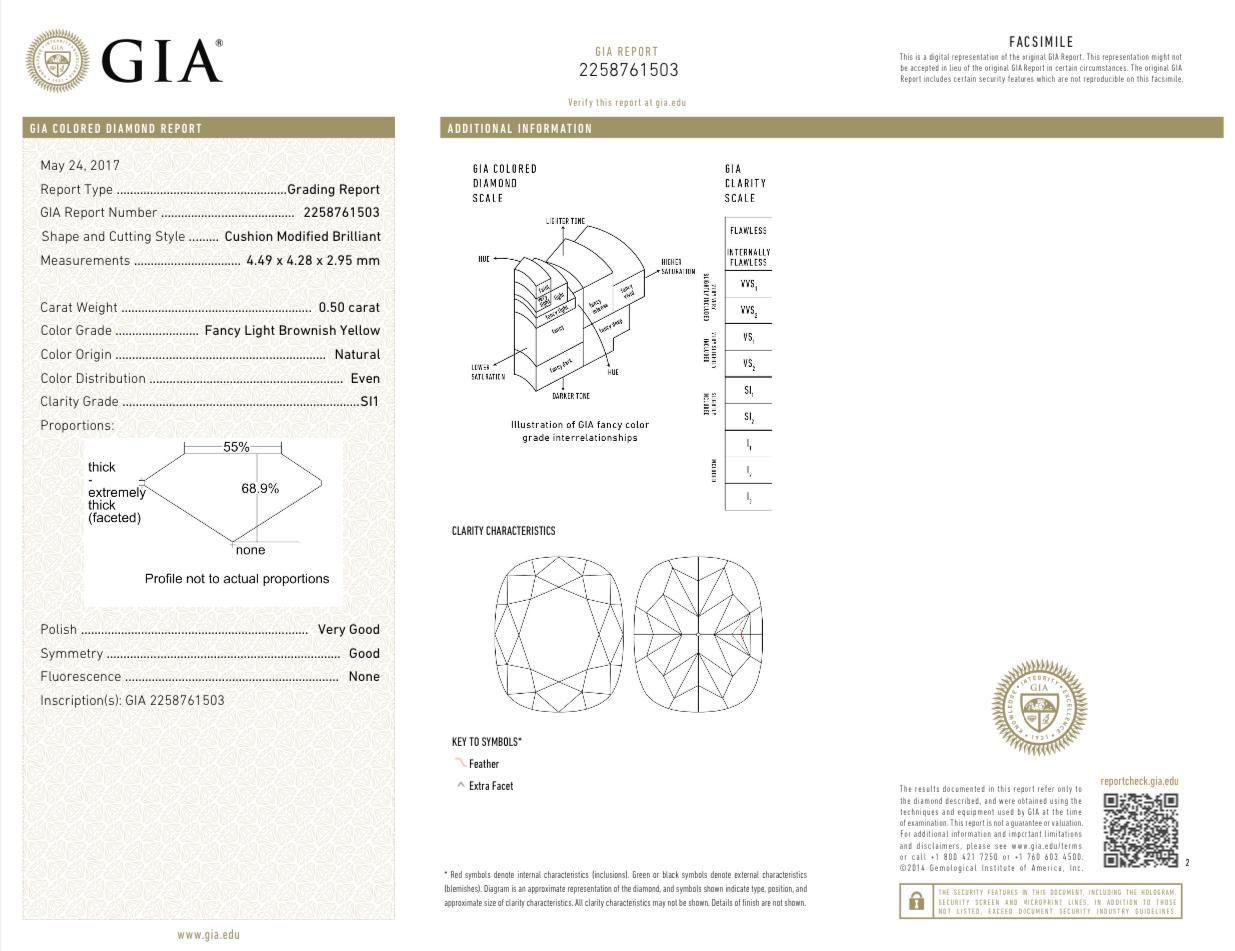 GIA Certified 0.50 Fancy Light Brownish Yellow SI1 / 0.53 Faint Pink VS2 Ring For Sale 3