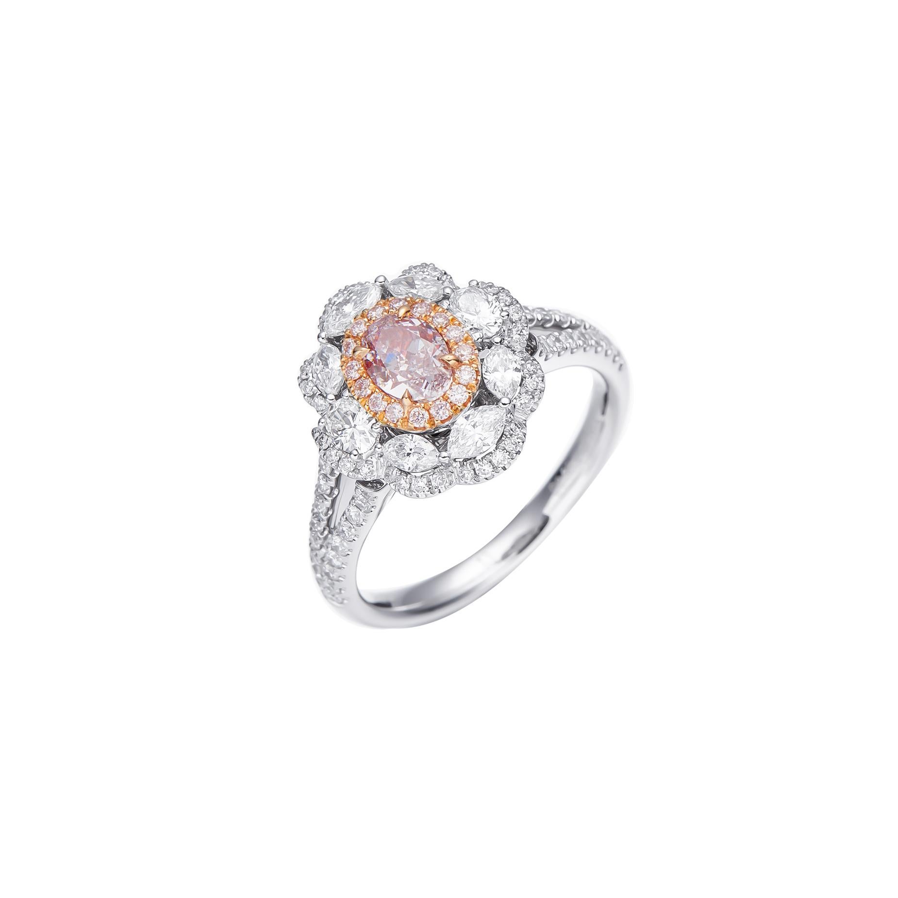 Indulge in a world of elegance and allure with a breathtaking creation that transcends beauty – the GIA Certified 0.50 carat Light Pink Oval Shape Natural Fancy Diamond Solitaire Ring. This exquisite piece, set in the embrace of lustrous 18kt gold,