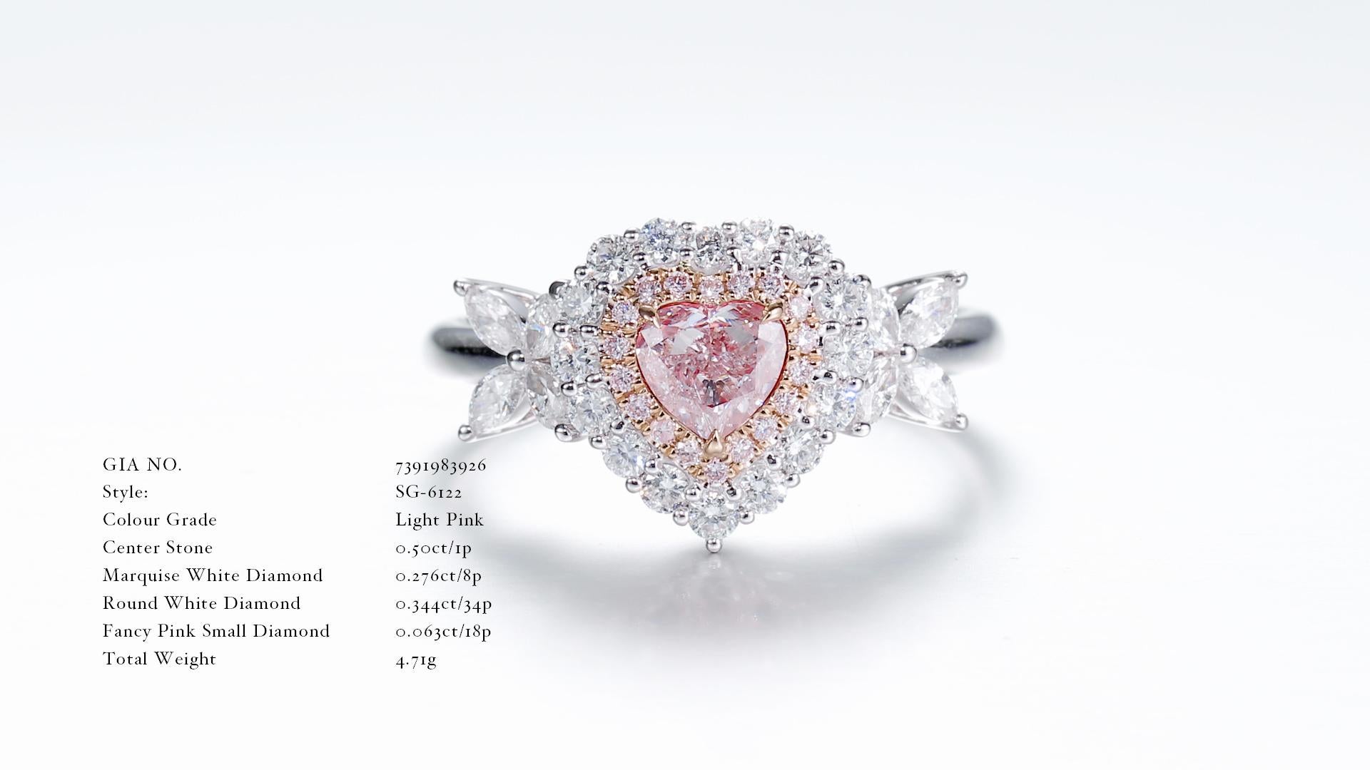 GIA Certified, 0.50ct Natural Light Pink Heart Shape Diamond Solitaire Ring 18kt In New Condition For Sale In Hong Kong, HK