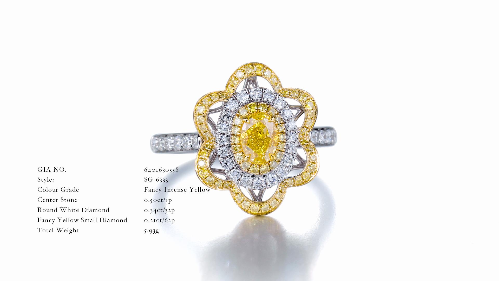 GIA-zertifizierte 0,50 Karat  Natürlicher ovaler Fancy Intense Gelber Diamantring 18KT im Zustand „Neu“ im Angebot in Hong Kong, HK