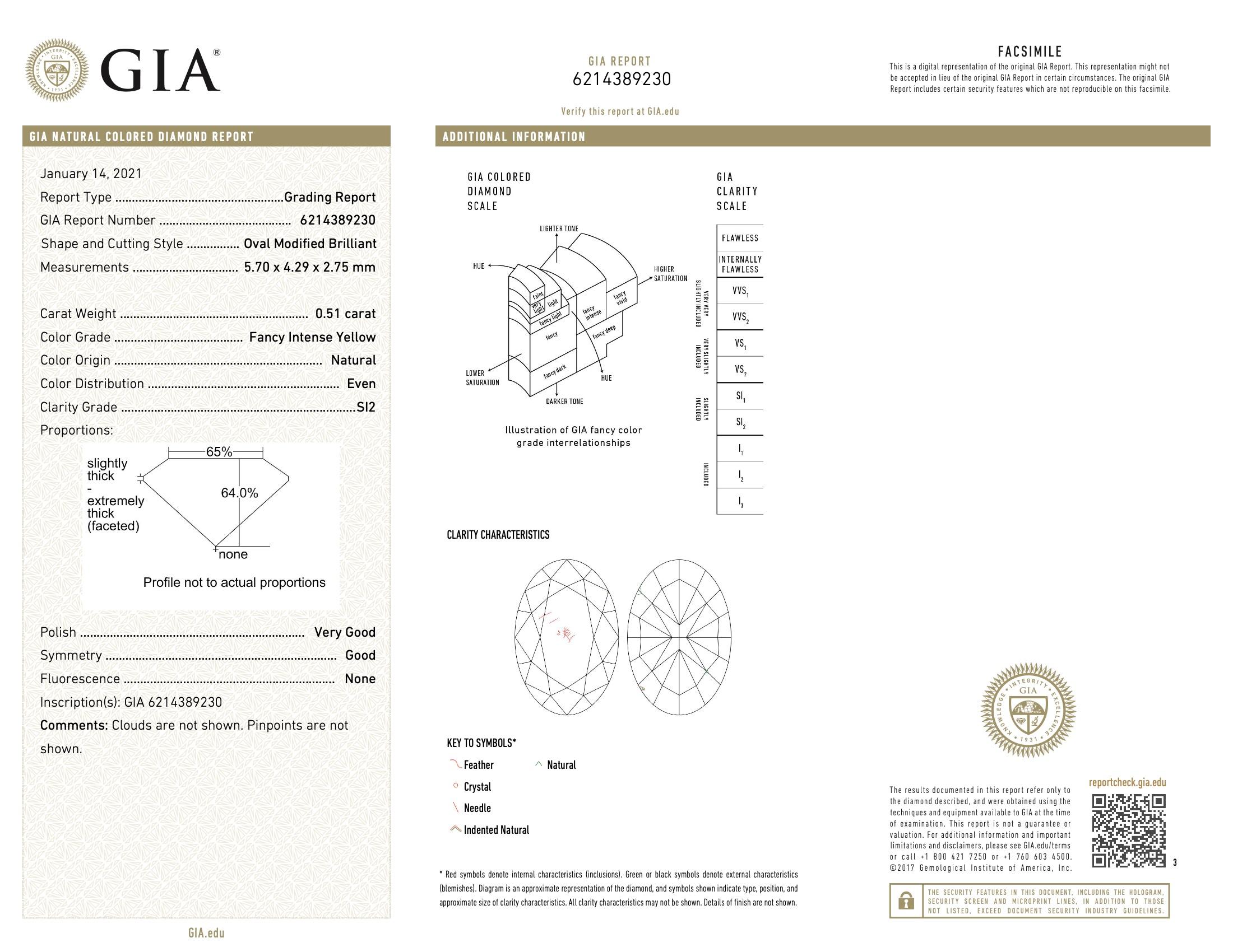 GIA Certified 0.51 Carar Fancy Intense Yellow SI2 Clarity Diamond For Sale 1