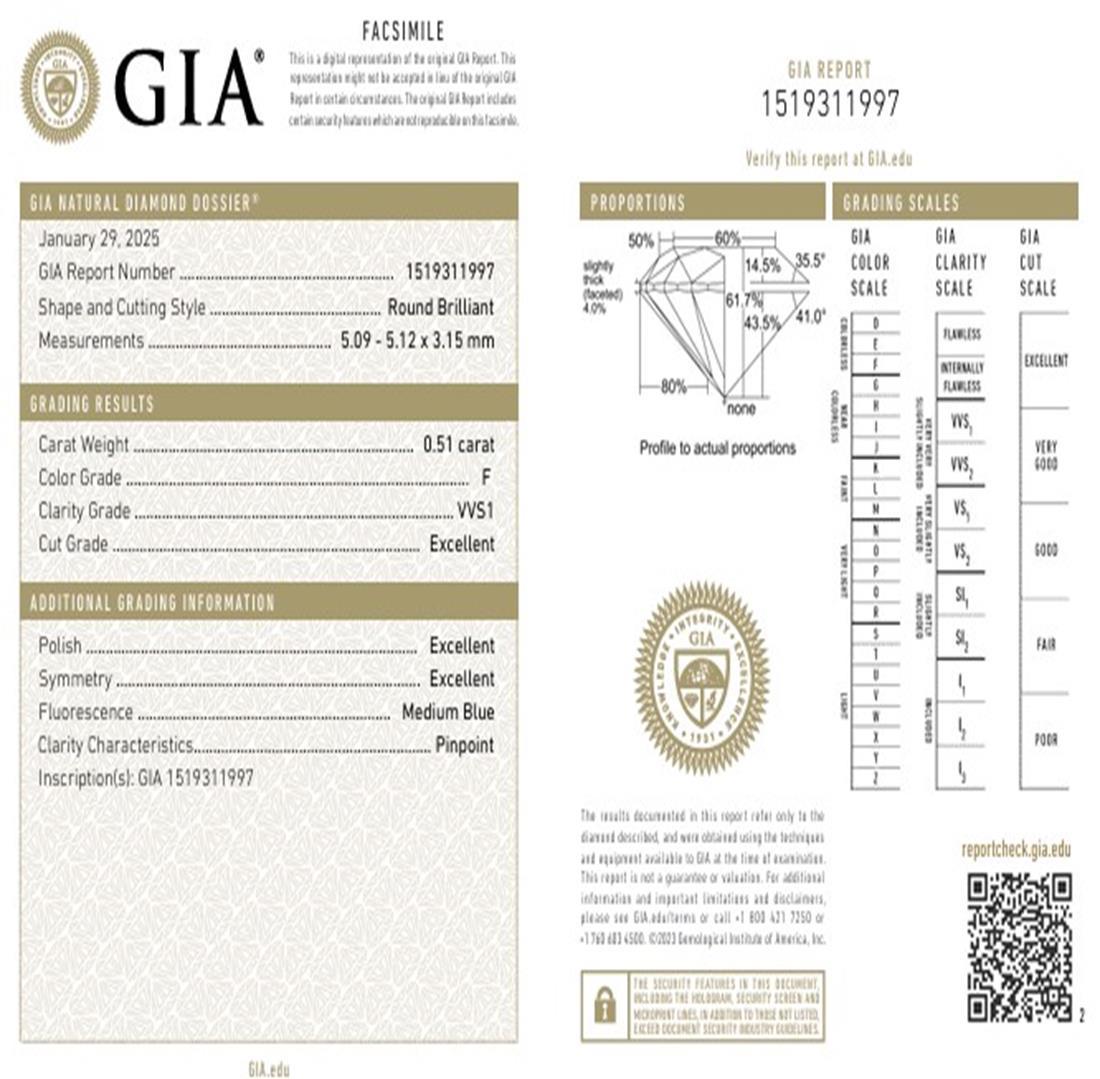 GIA Certified 0.51 Carat F Colour VVS1 Clarity Diamond For Sale 2
