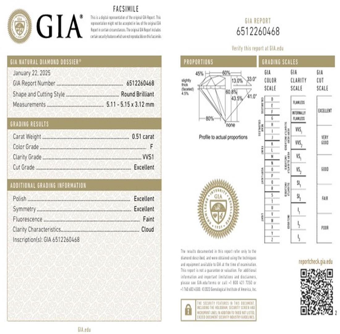 GIA Certified 0.51 Carat F Colour VVS1 Clarity Diamond For Sale 2