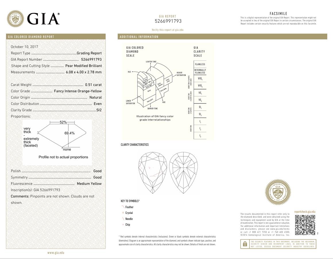 GIA Certified 0.51 Carat Fancy Intense Orangy Yellow SI2 Clarity Diamond For Sale 1